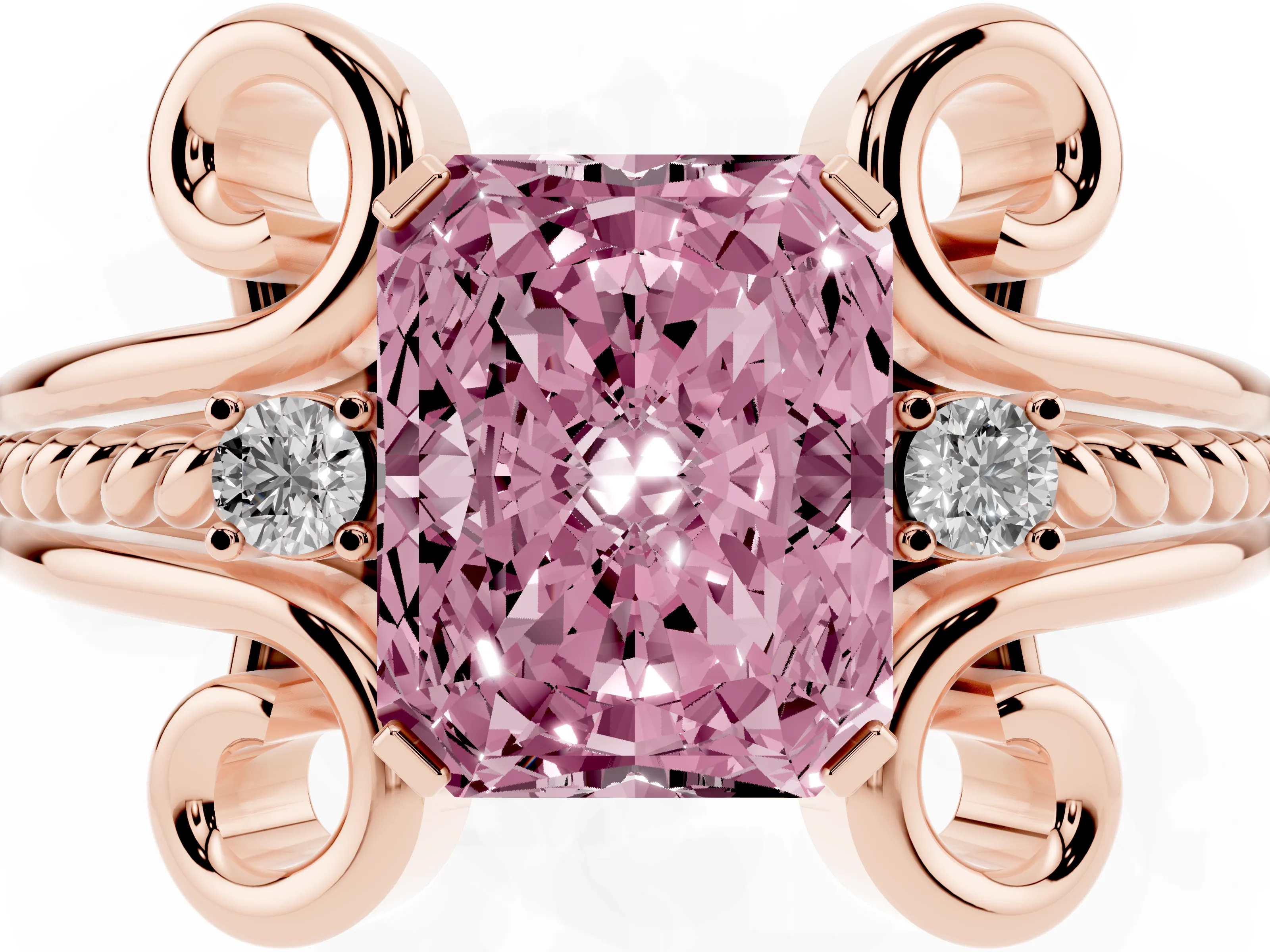 Fancy Pink Radiant Cut Diamond Twisted Band Solitaire Ring Set in Rose gold with Scroll Prongs