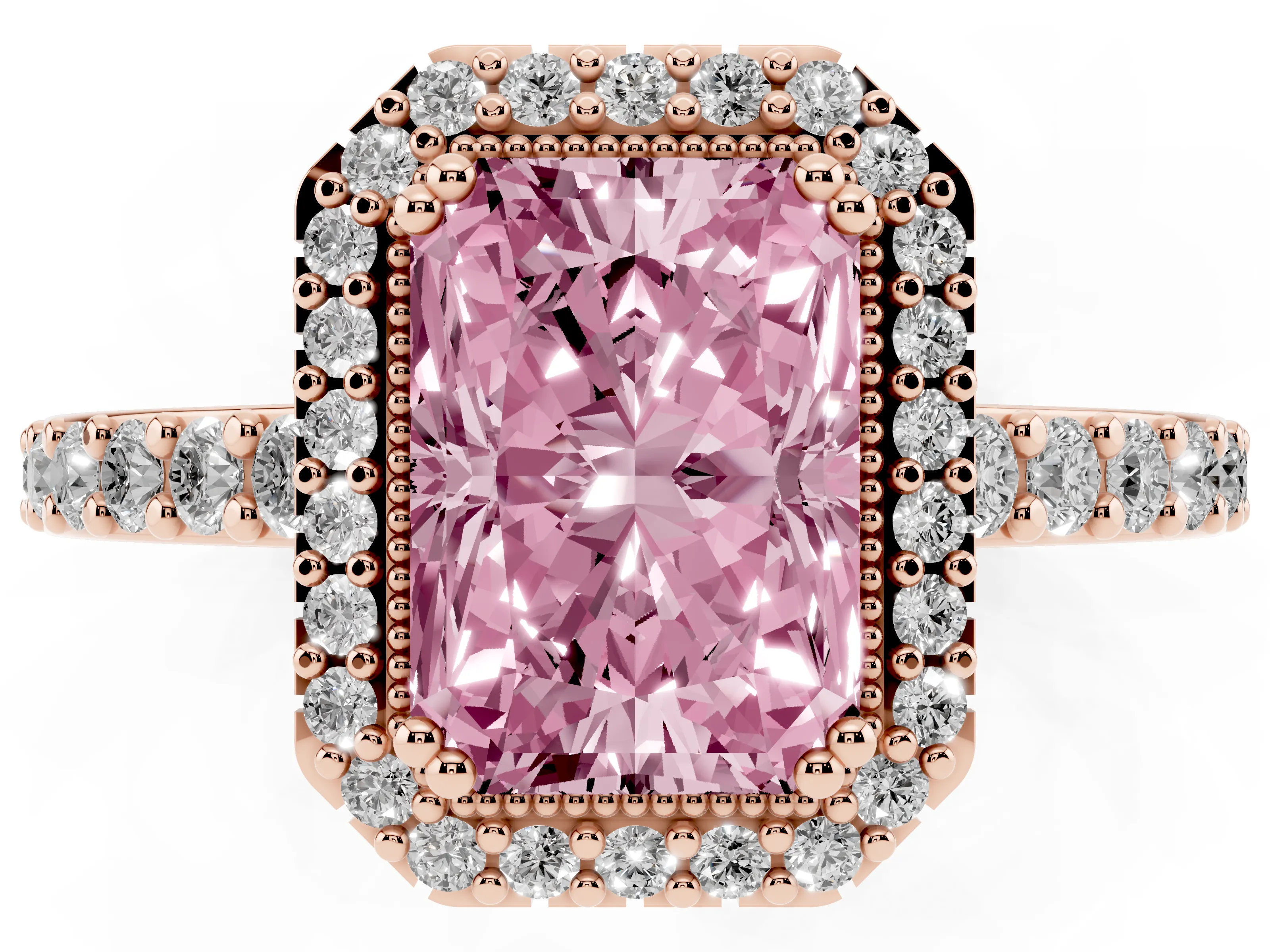 Fancy Pink Radiant Cut Diamond Halo Engagement Ring Set in Rose gold with Milgrain Detail and Pavé Band