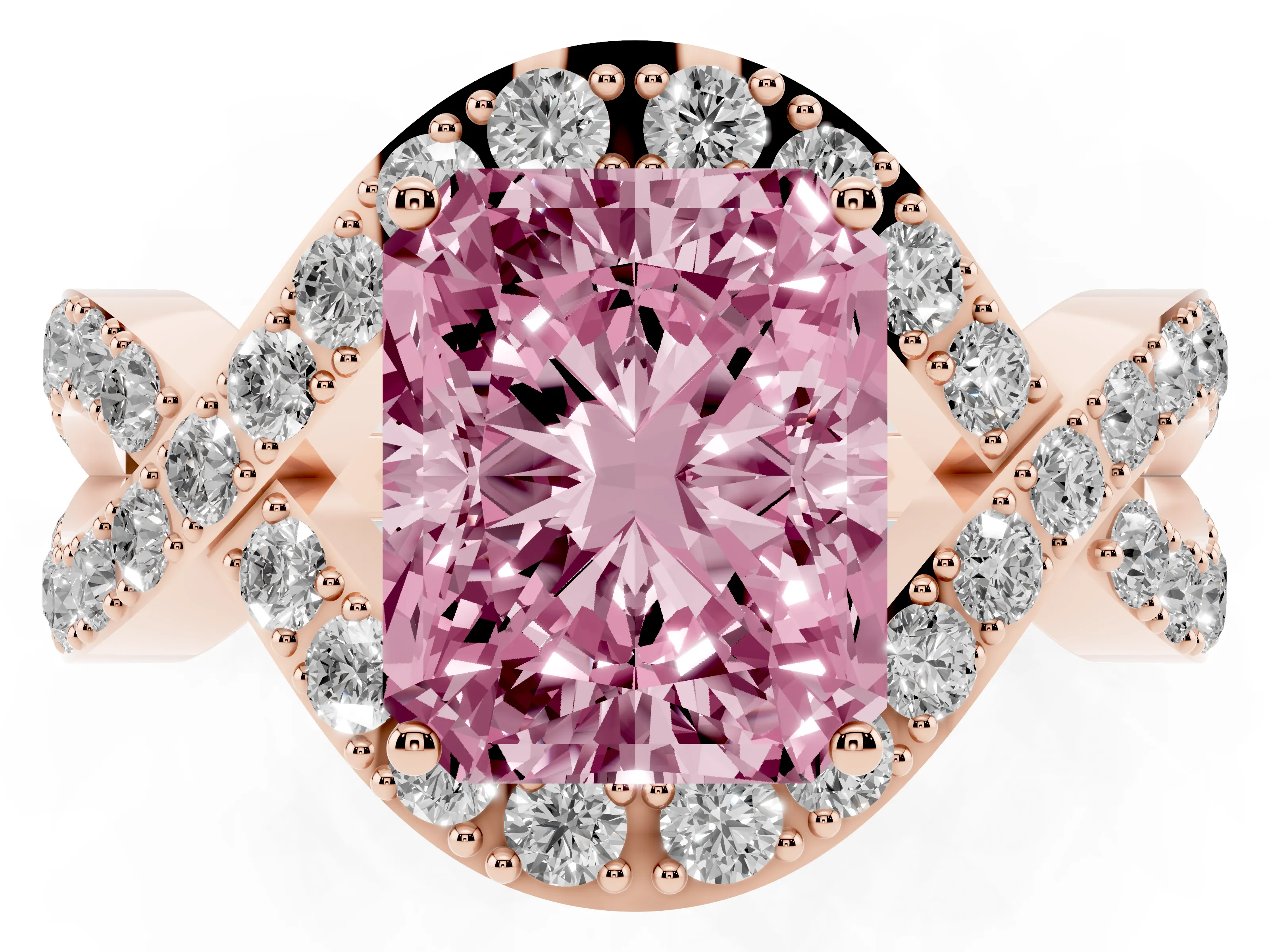 Fancy Pink Radiant Cut Diamond Solitaire Twist Band Pavé Engagement Ring Set in Rose gold