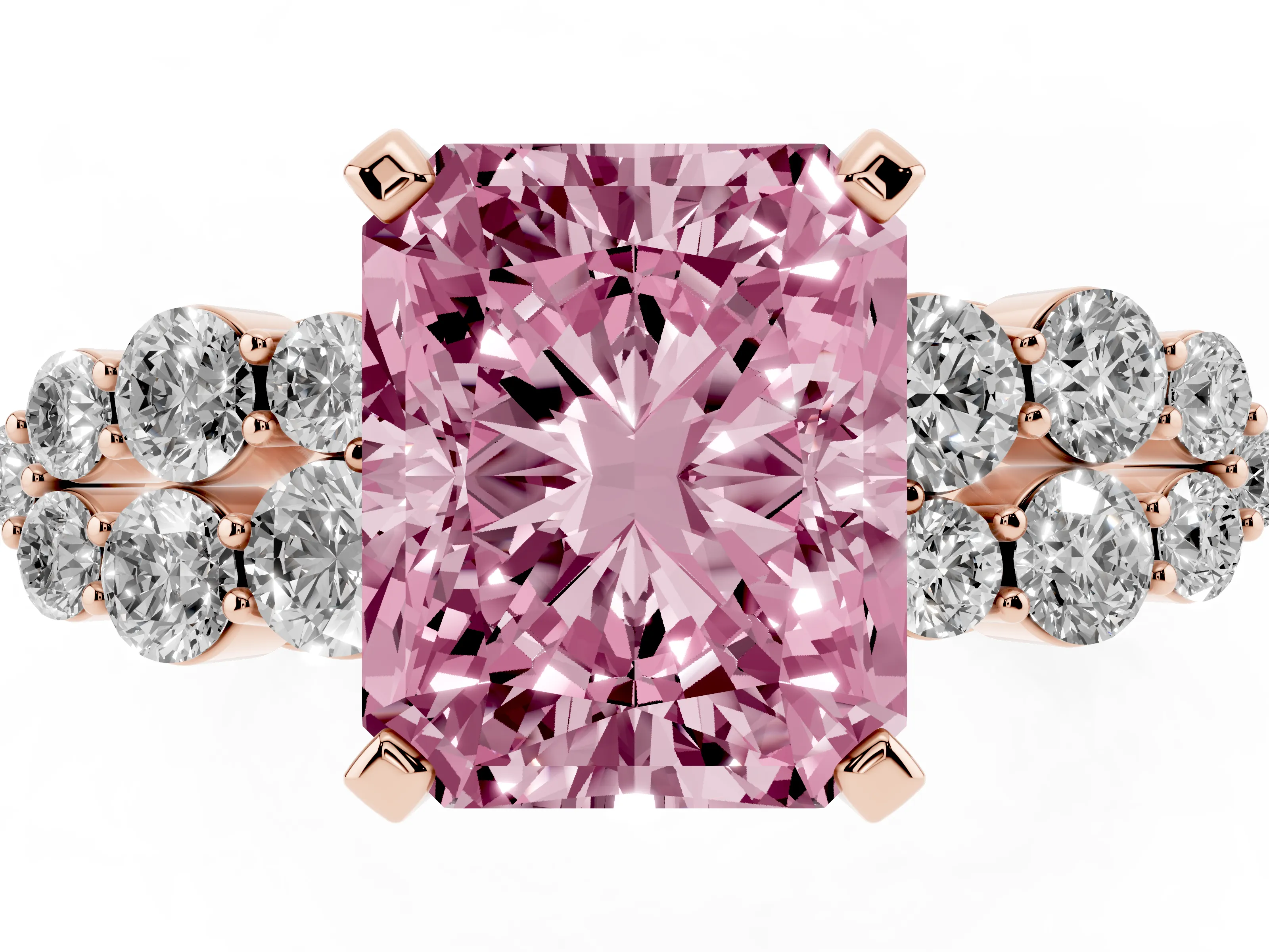 Fancy Pink Radiant Cut Diamond Cluster Engagement Ring Set in Rose gold with Pavé Band and Prong Setting