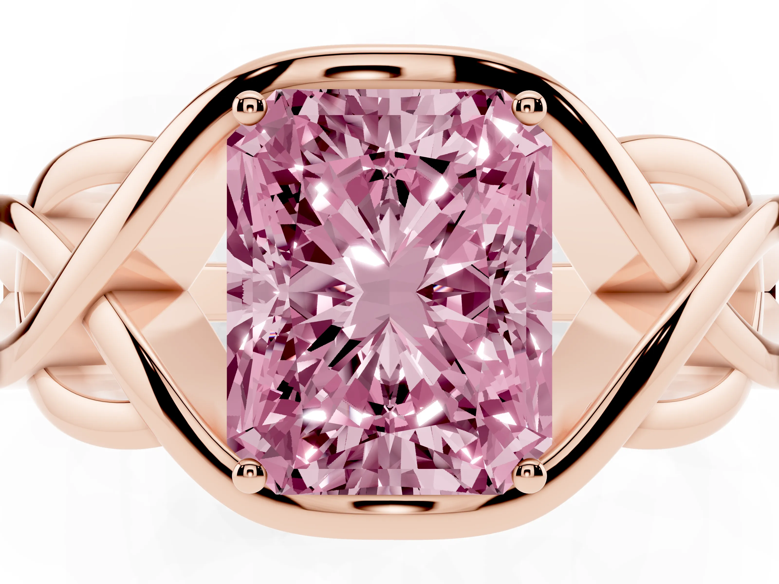 Fancy Pink Radiant Cut Diamond Solitaire Ring Set in Rose gold with Intertwined Band