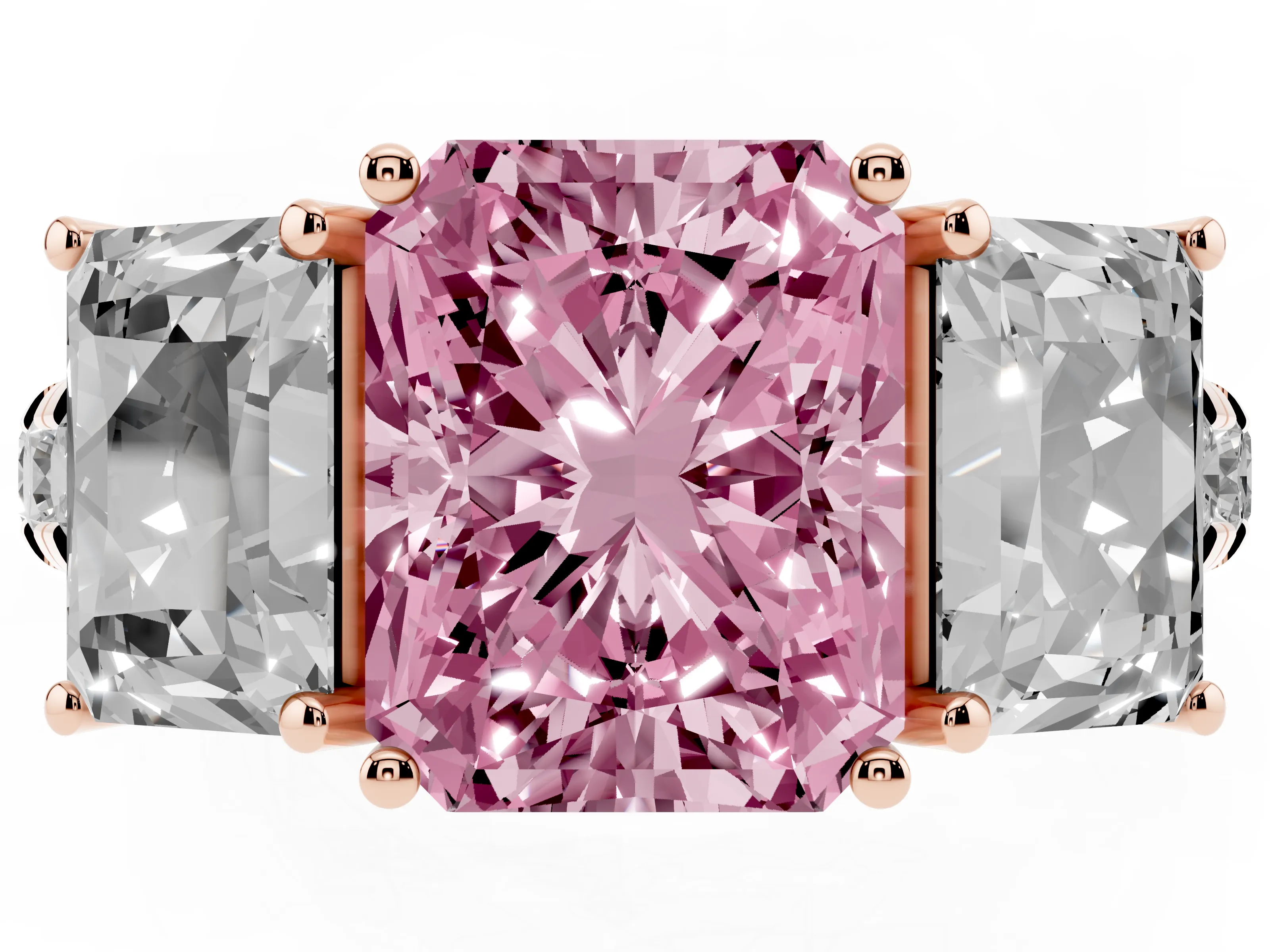 Fancy Pink Radiant Cut Diamond Three-Stone Ring Set in Rose gold with Pavé Band