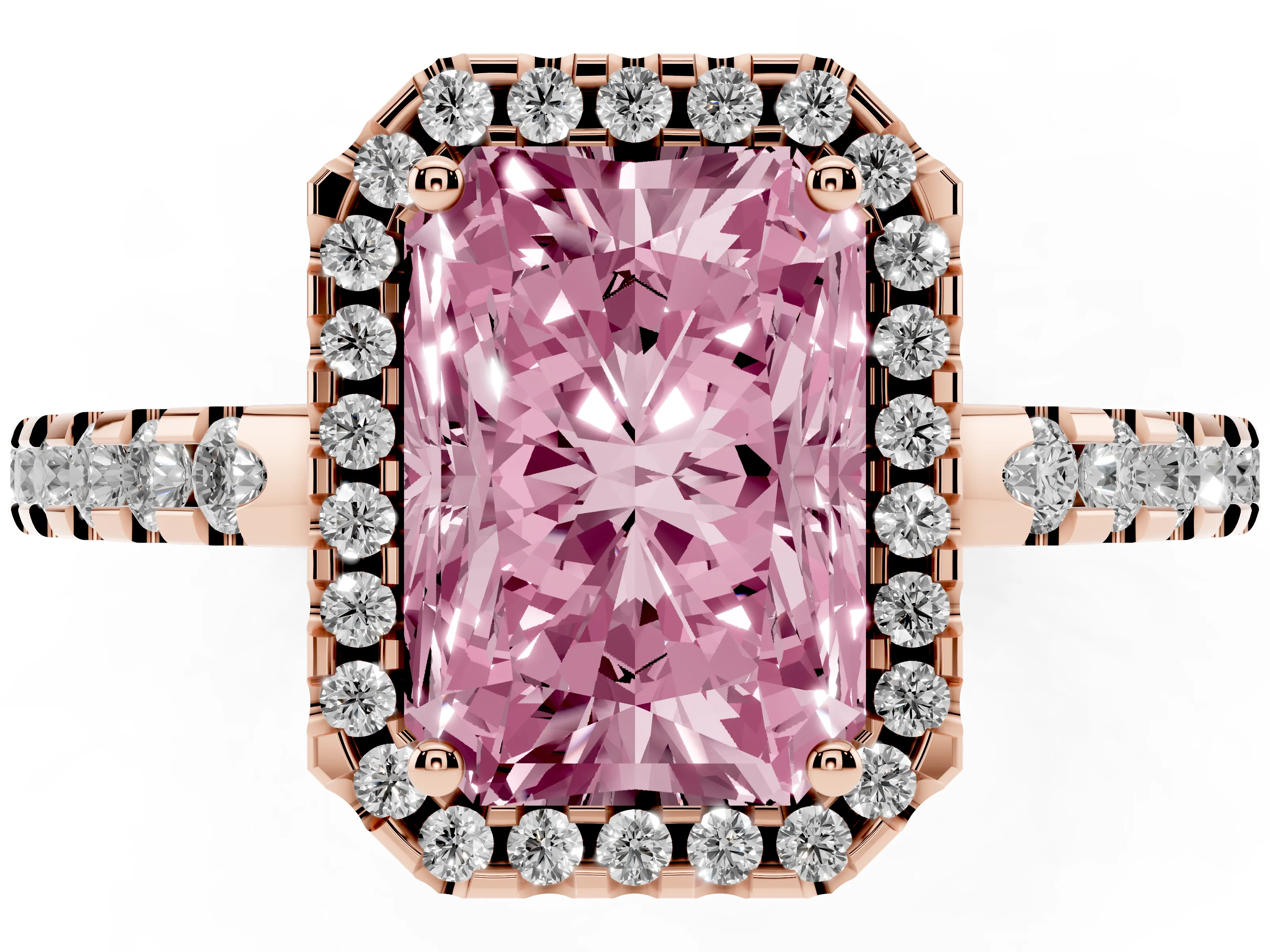 Fancy Pink Radiant Cut Diamond Halo Ring Set in Rose gold with Pavé Shoulders and Halo-Framed Center