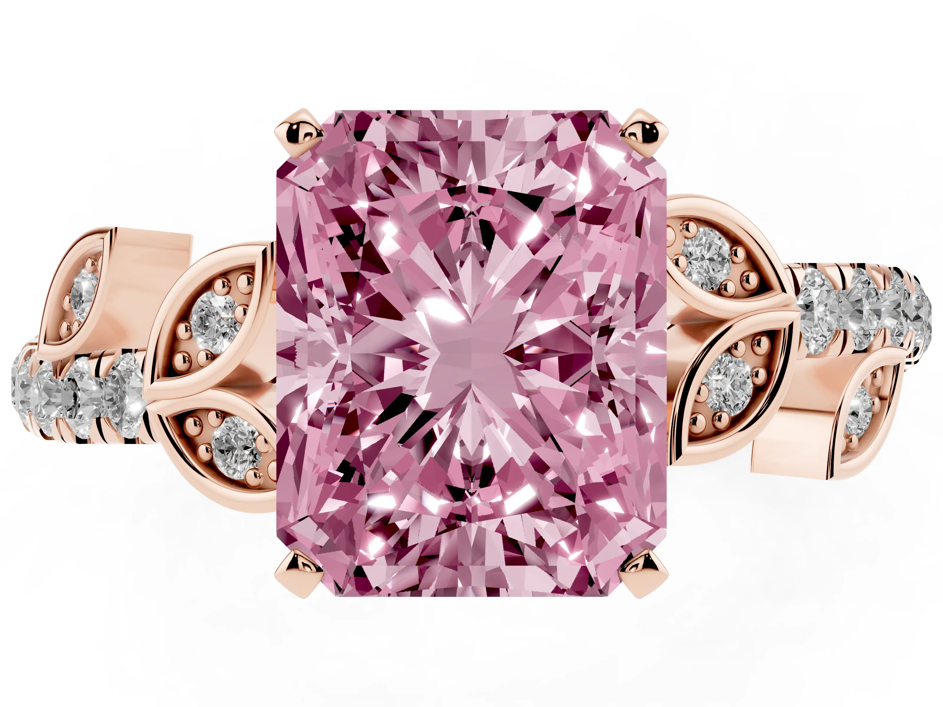 Fancy Pink Radiant Cut Diamond Solitaire Leaf-Inspired Ring Set in Rose gold with Pavé Band and Prong Setting