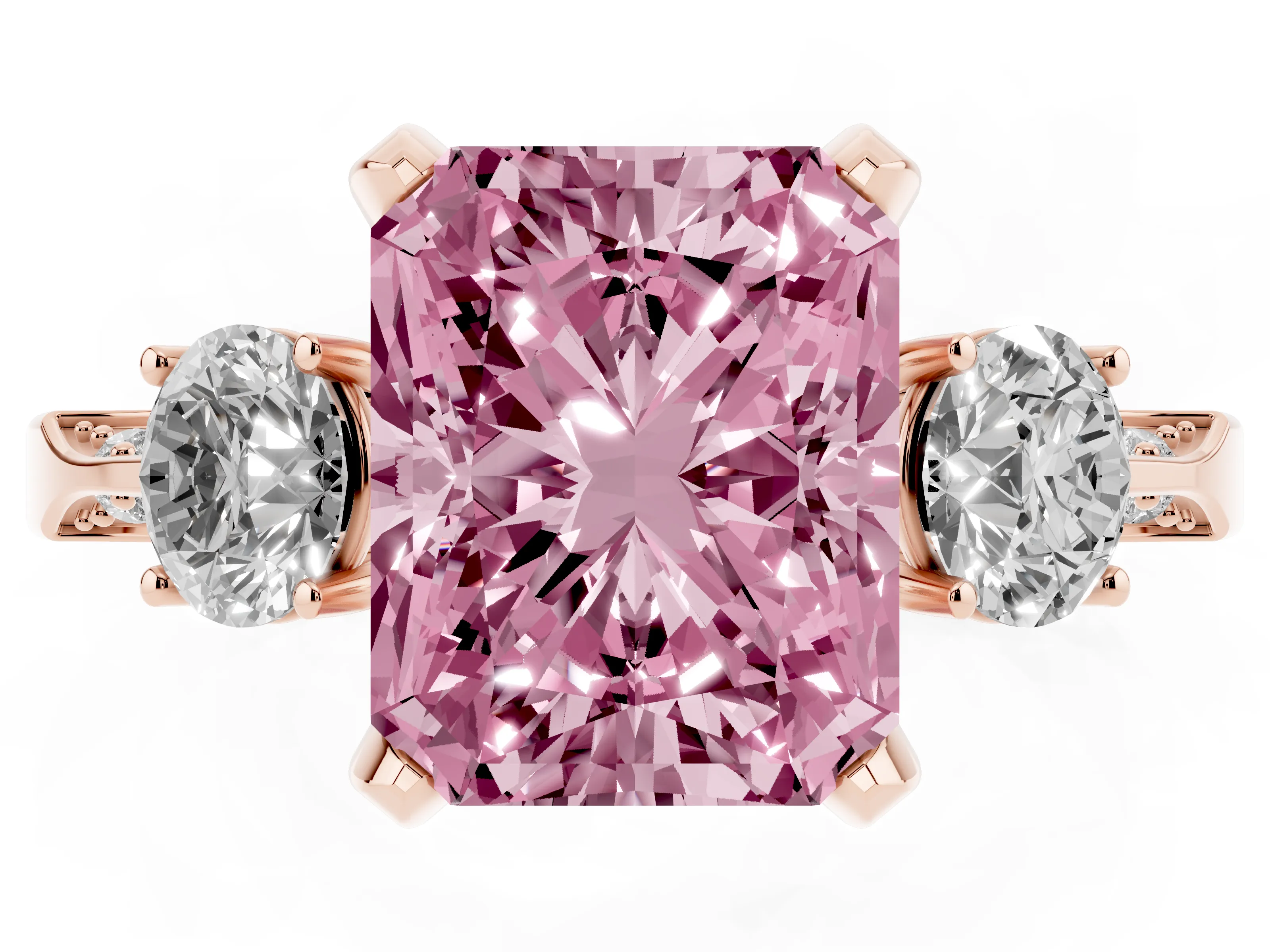 Fancy Pink Radiant Cut Diamond Three-Stone Ring Set in Rose gold with Pavé Band and Smaller Side Stones
