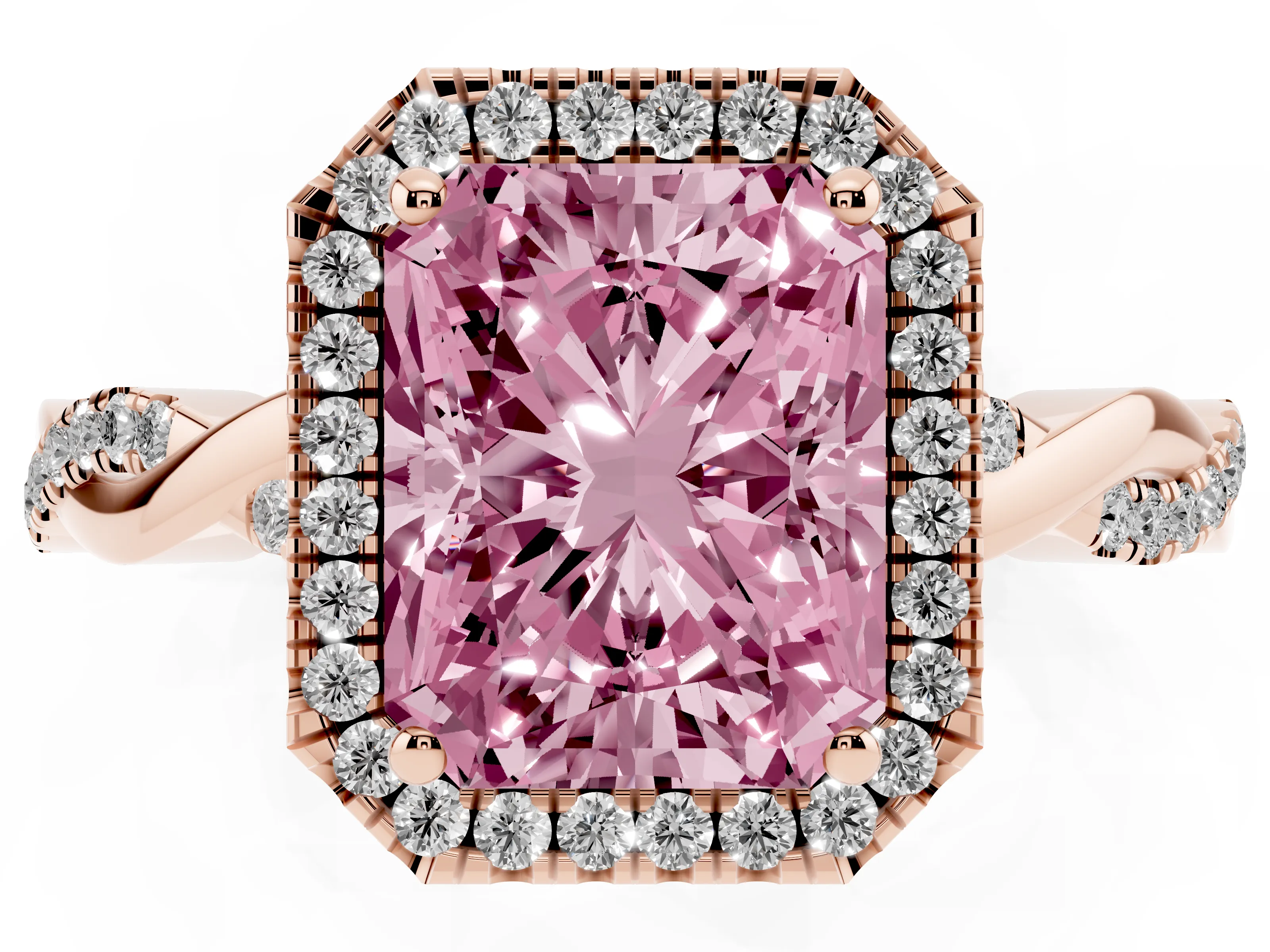 Fancy Pink Radiant Cut Diamond Halo Twisted Band Ring Set in Rose gold with Prong Setting
