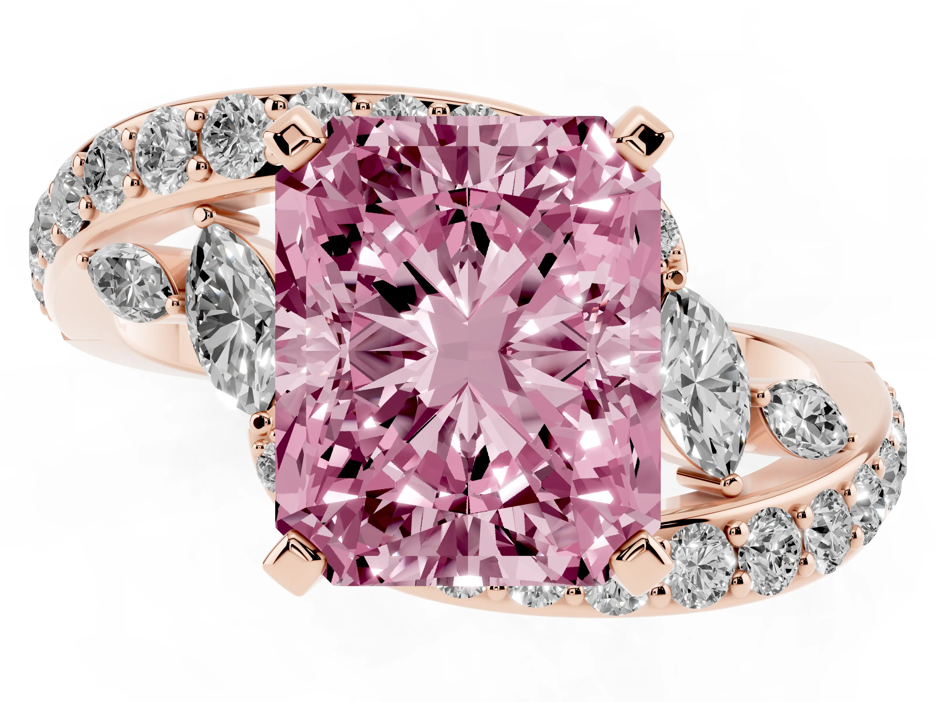 Fancy Pink Radiant Cut Diamond Solitaire Ring Set in Rose gold with Pavé Twist Band and Secure Prong Setting