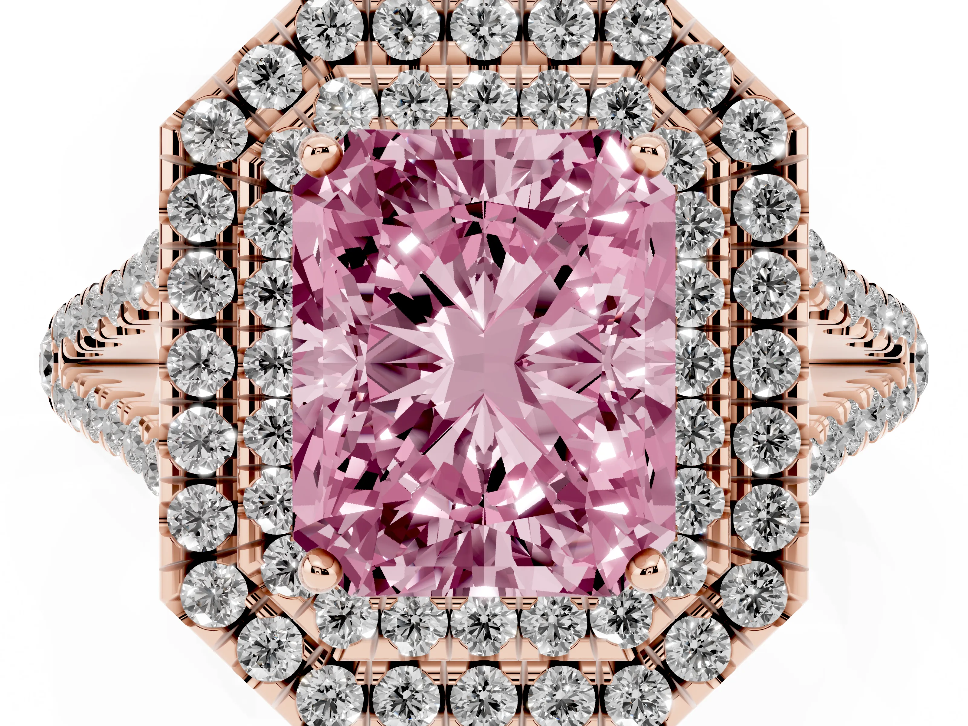 Fancy Pink Radiant Cut Diamond Double Halo Ring Set in Rose gold with Pavé Band