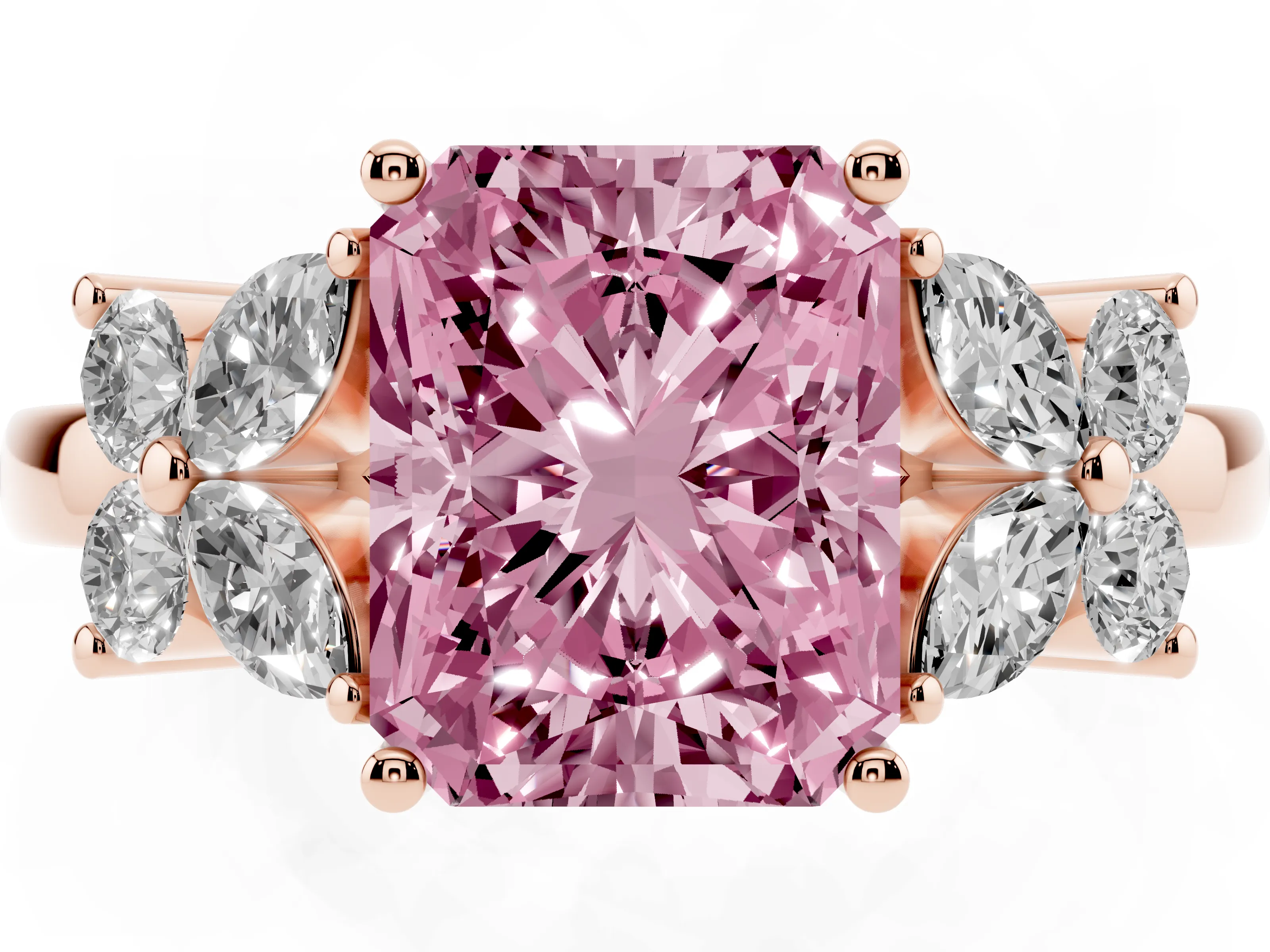 Fancy Pink Radiant Cut Diamond Floral Cluster Ring Set in Rose gold with Marquise Petals and Prong Setting