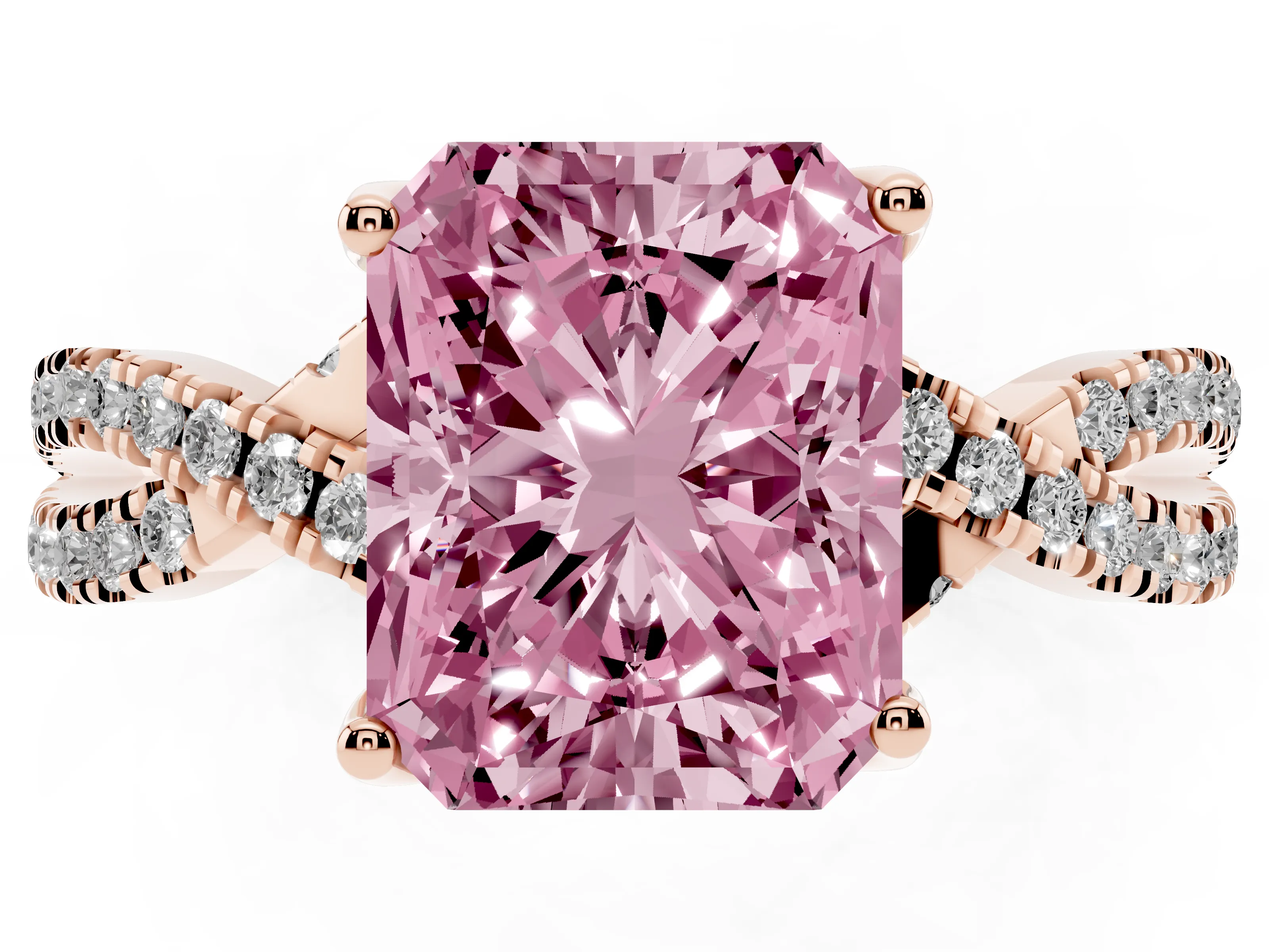 Fancy Pink Radiant Cut Diamond Twist Pavé Solitaire Engagement Ring Set in Rose gold with Prong Setting