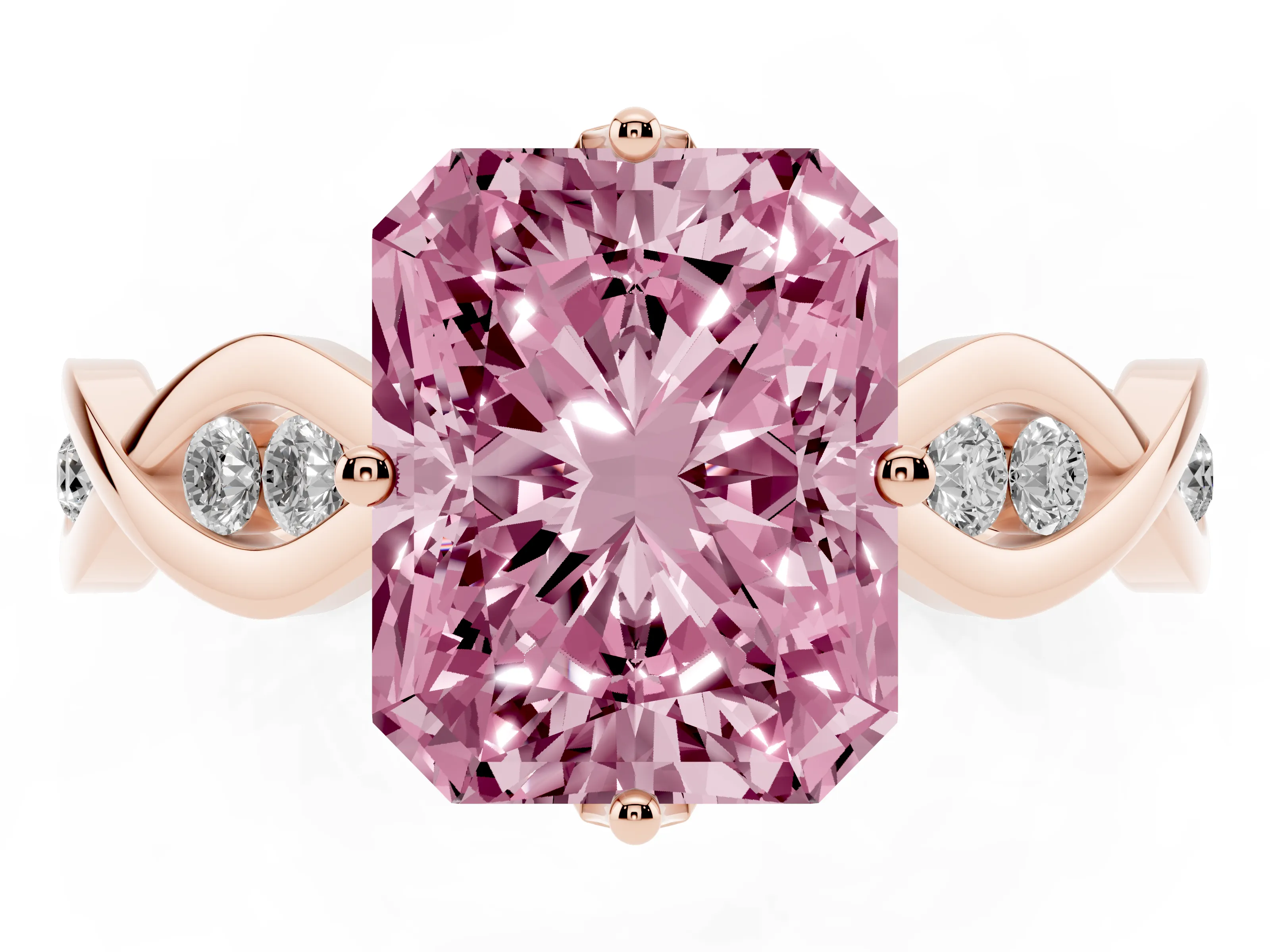 Fancy Pink Radiant Cut Diamond Twist Band Solitaire Ring Set in Rose gold with Leaf Prong Setting and Accent Stones
