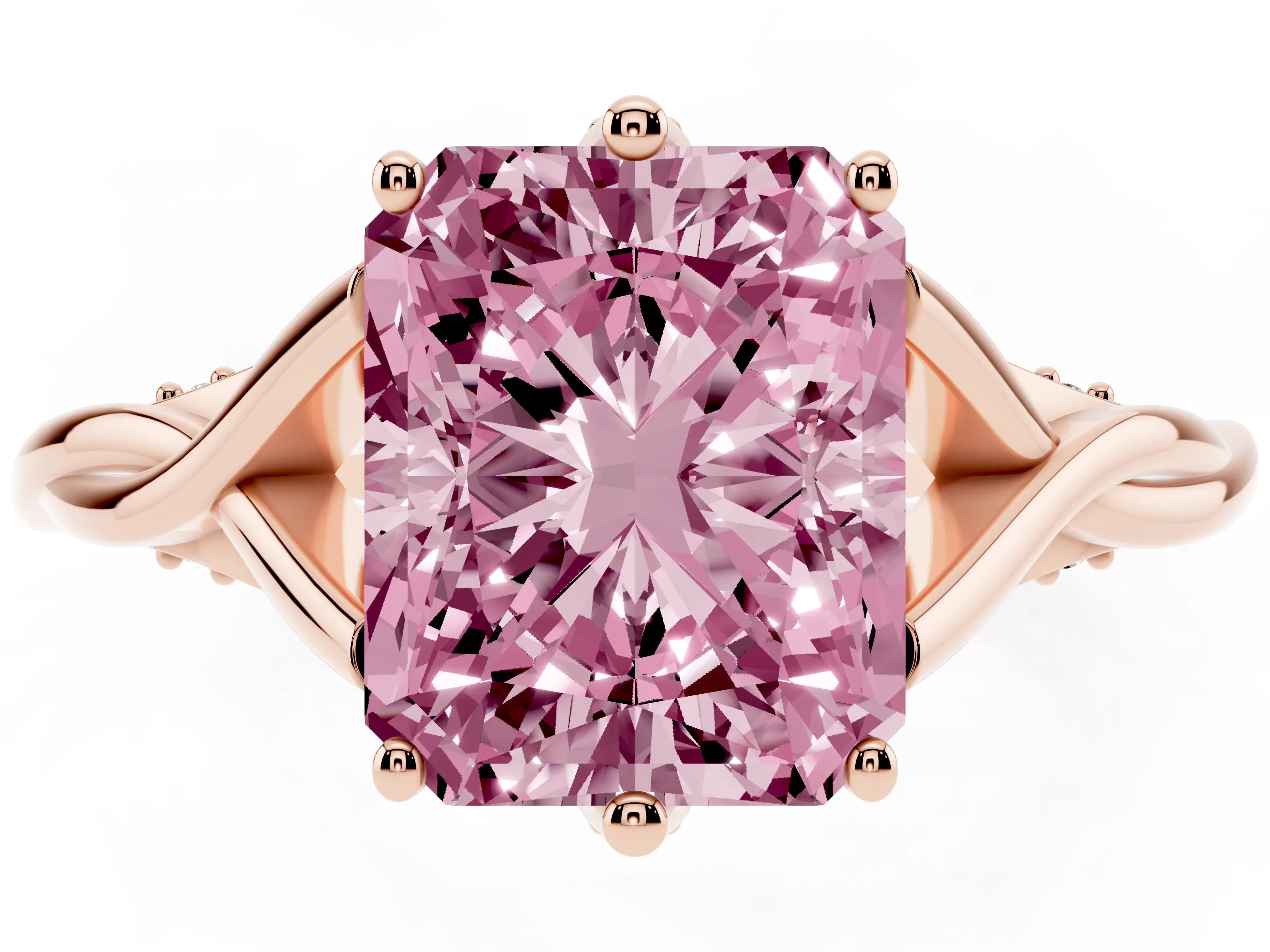 Fancy Pink Radiant Cut Diamond Intertwined Twist Band Solitaire Ring Set in Rose gold with Prong Setting