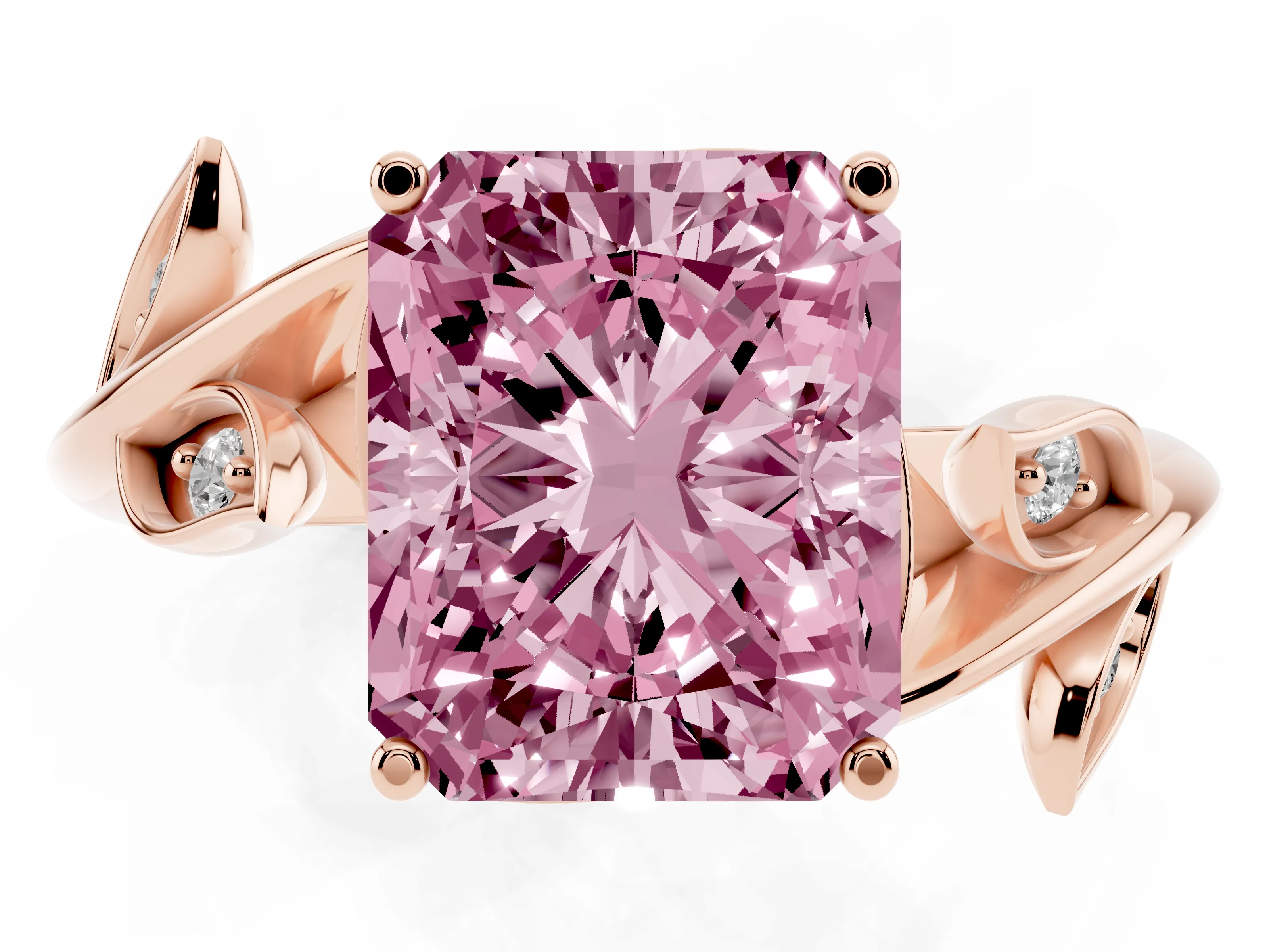 Fancy Pink Radiant Cut Diamond Solitaire Twist Engagement Ring Set in Rose gold with Pavé Leaf Accents