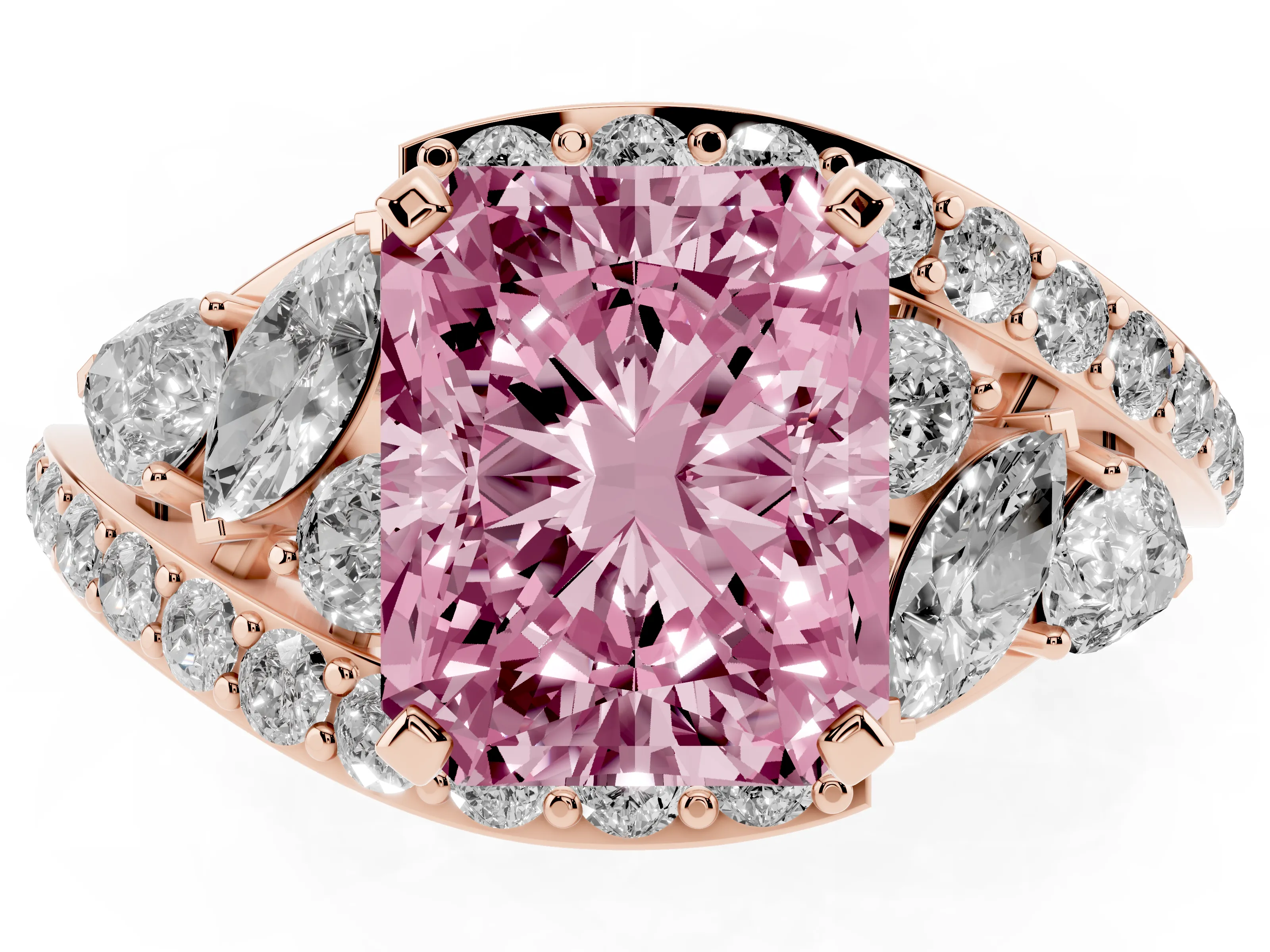 Fancy Pink Radiant Cut Diamond Halo Ring Set in Rose gold with Marquise and Pavé Band in Prong Setting