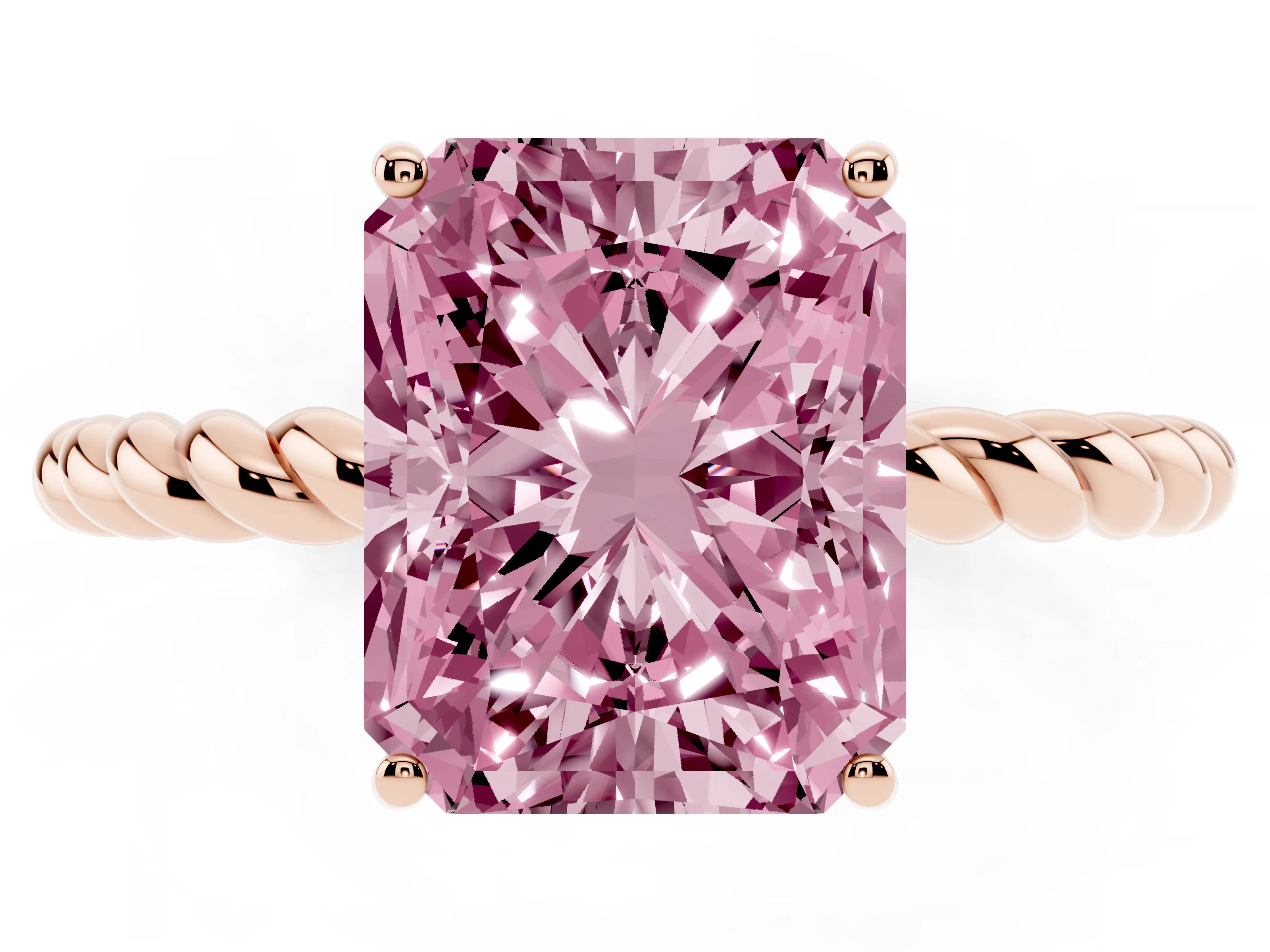 Fancy Pink Radiant Cut Diamond Solitaire Ring Set in Rose gold with Twist Band and Prong Setting