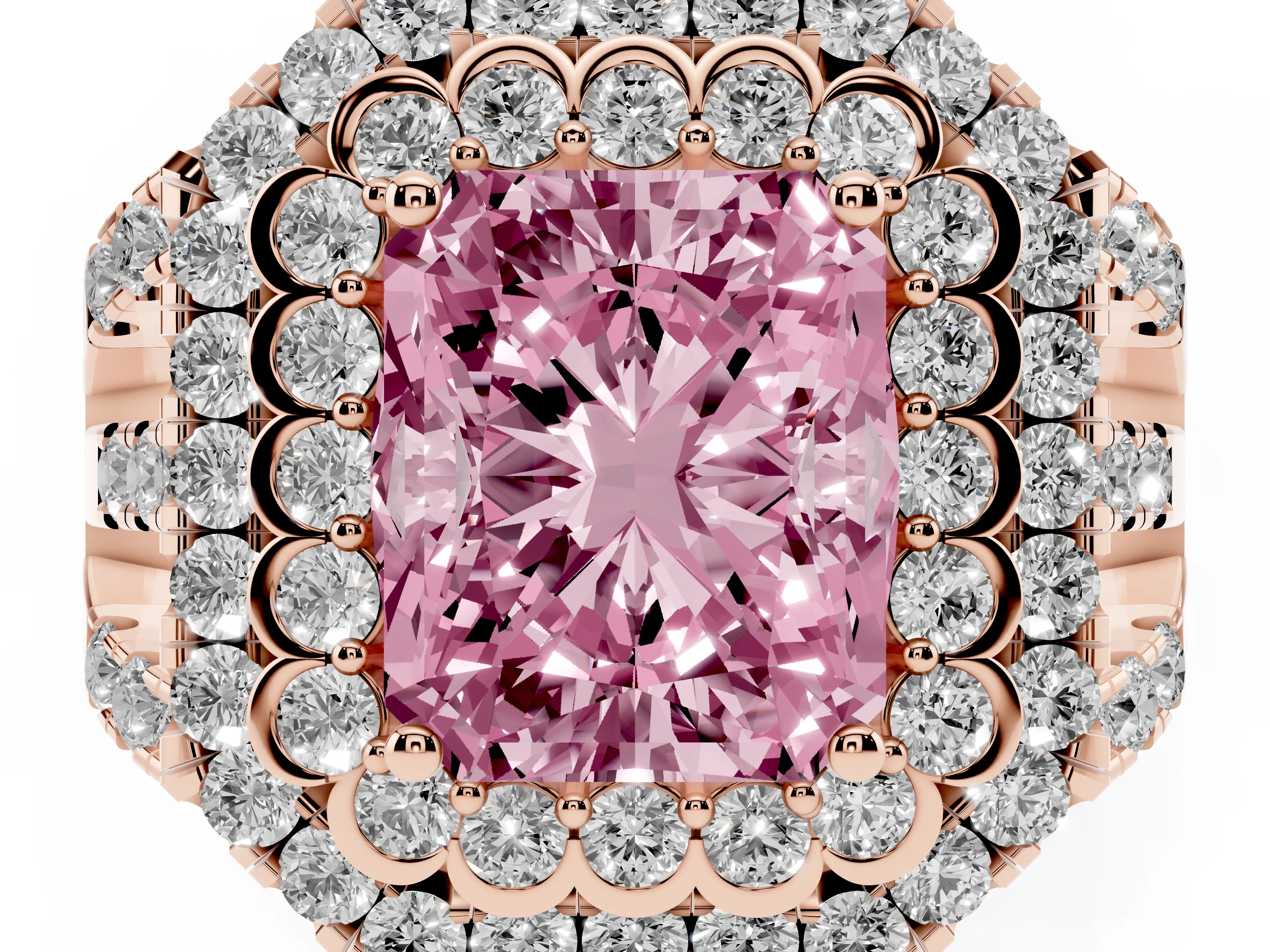 Fancy Pink Radiant Cut Diamond Double Halo Ring Set in Rose gold with Round Pavé Split Shank