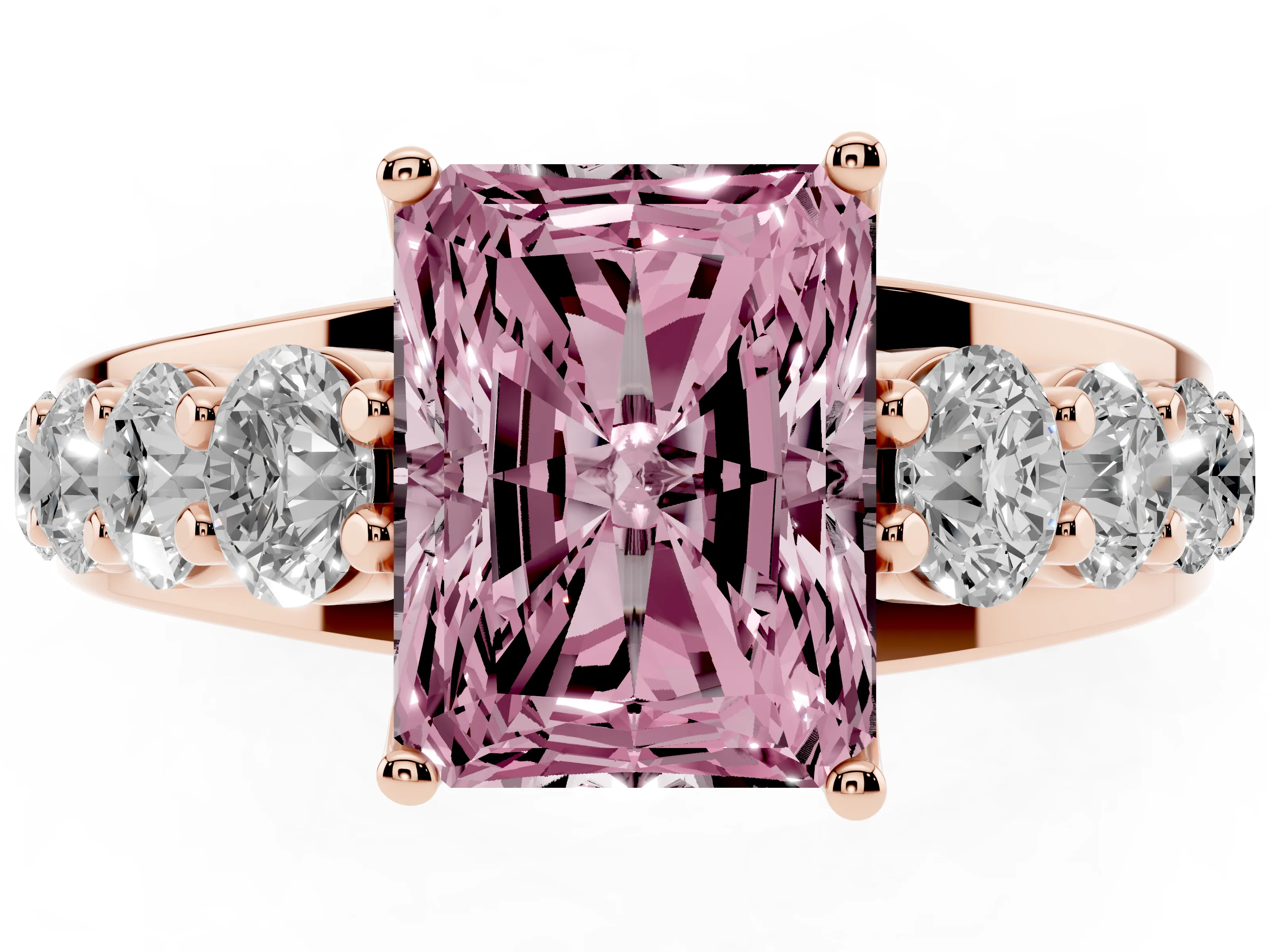 Fancy Pink Radiant Cut Diamond Pavé Engagement Ring Set in Rose gold with Prong Setting