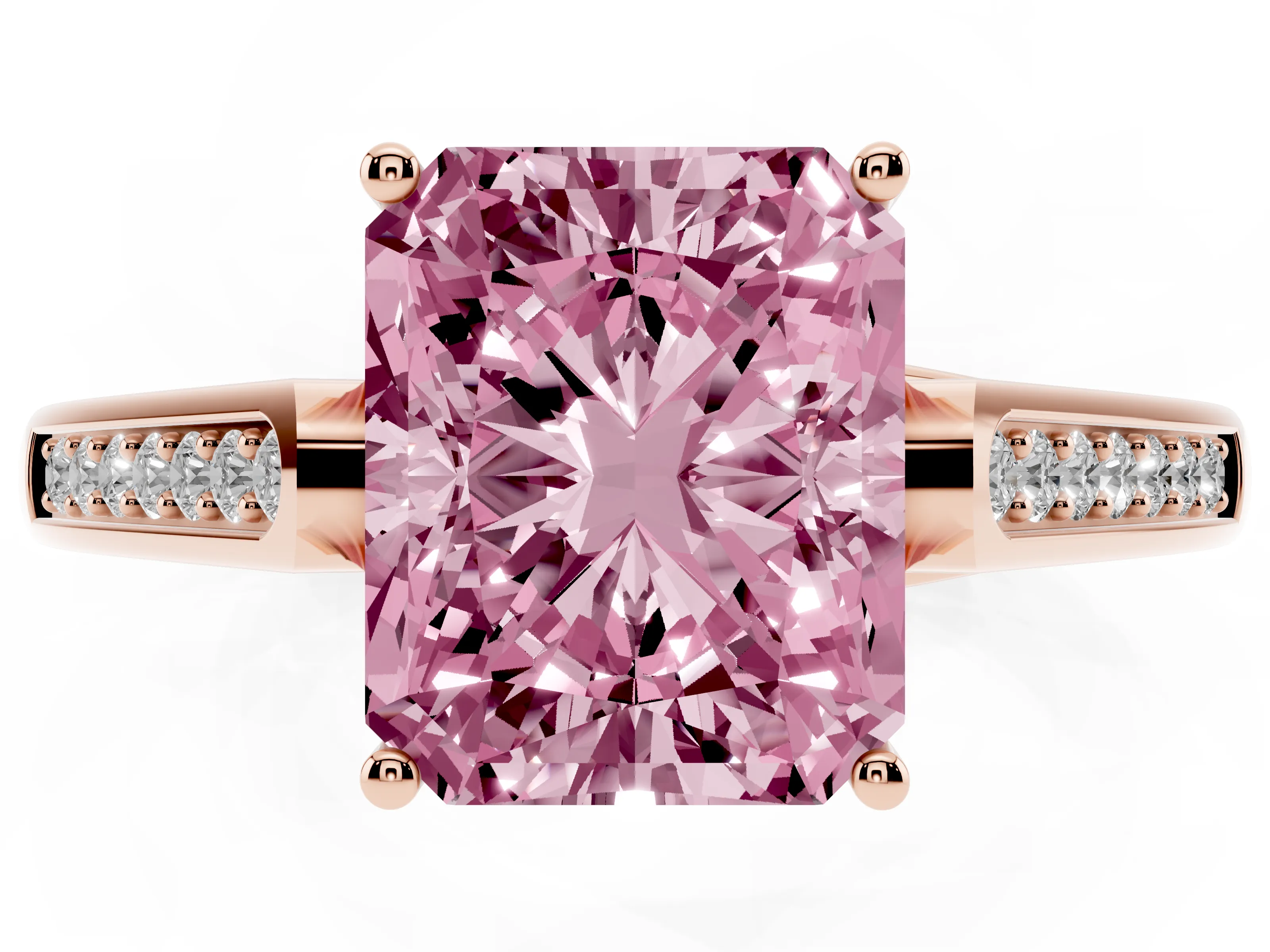 Fancy Pink Radiant Cut Diamond Solitaire Cathedral Engagement Ring Set in Rose gold with Channel-Set Band and Prong Setting