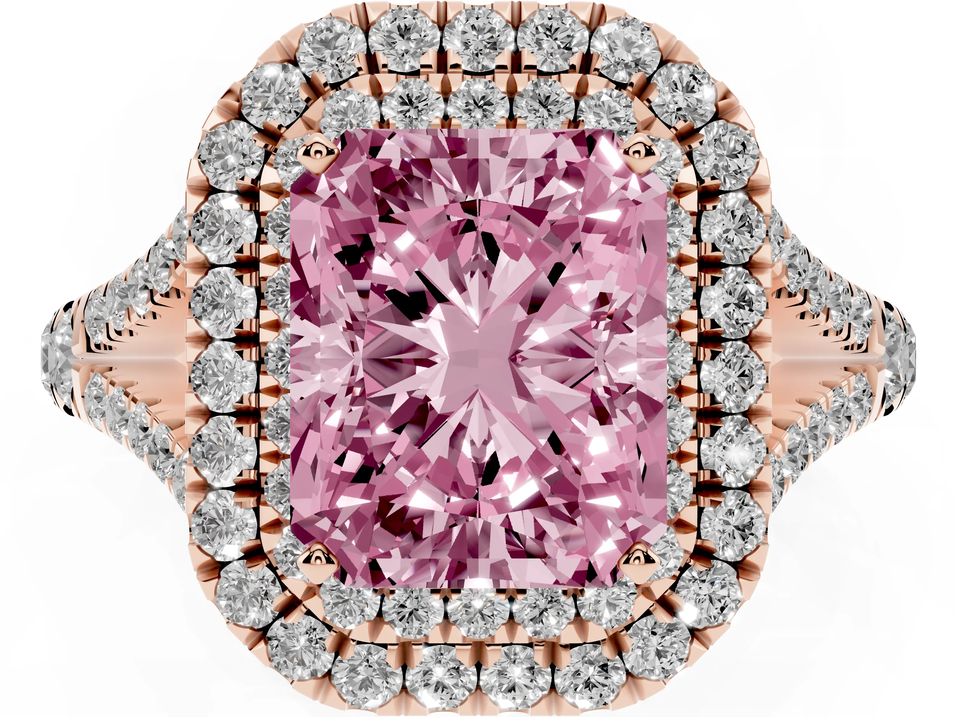 Fancy Pink Radiant Cut Diamond Pavé Split Shank Double Halo Engagement Ring Set in Rose gold
