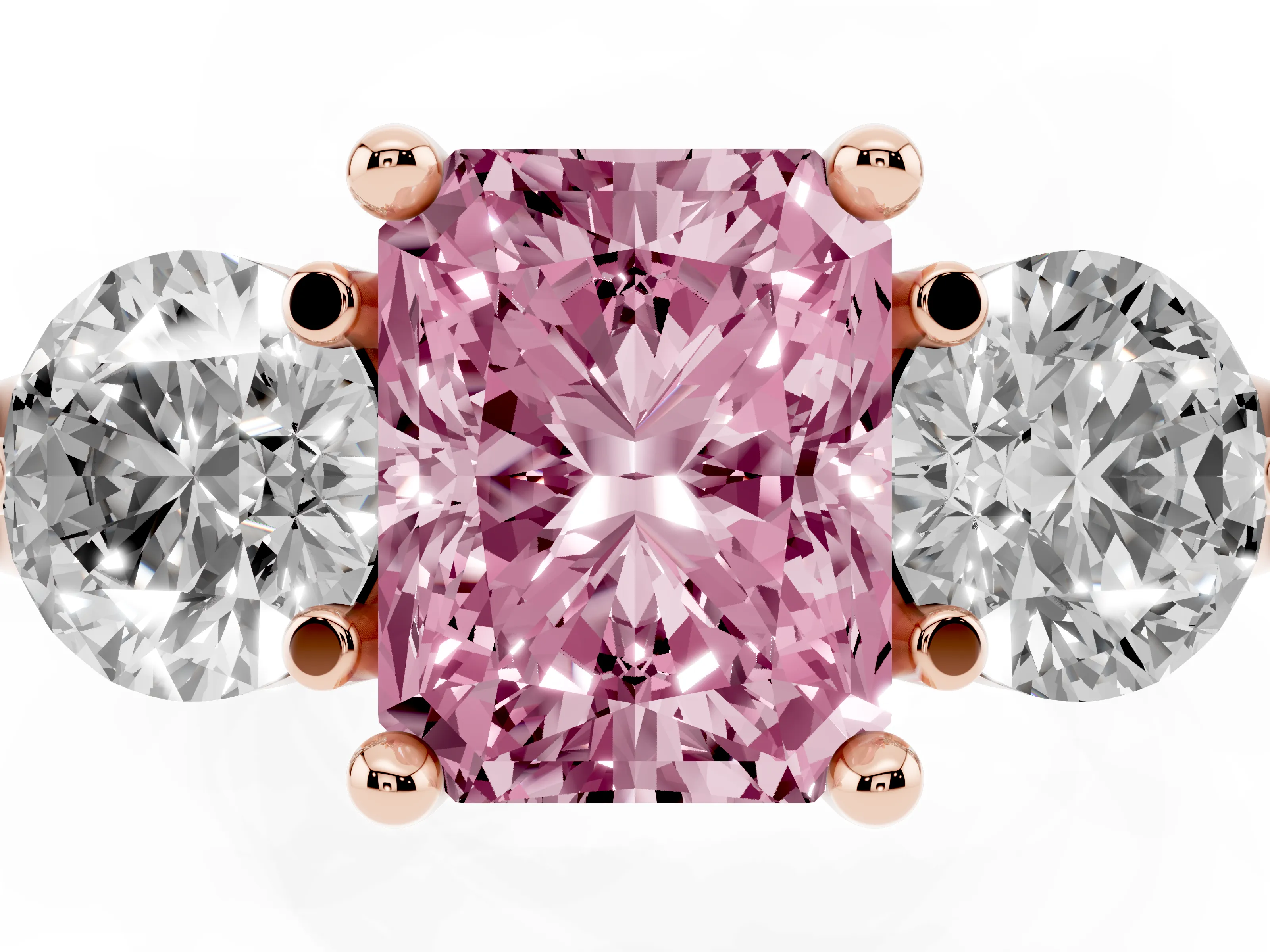 Fancy Pink Radiant Cut Diamond Three-Stone Ring Set in Rose gold with Prong Setting and Classic Band
