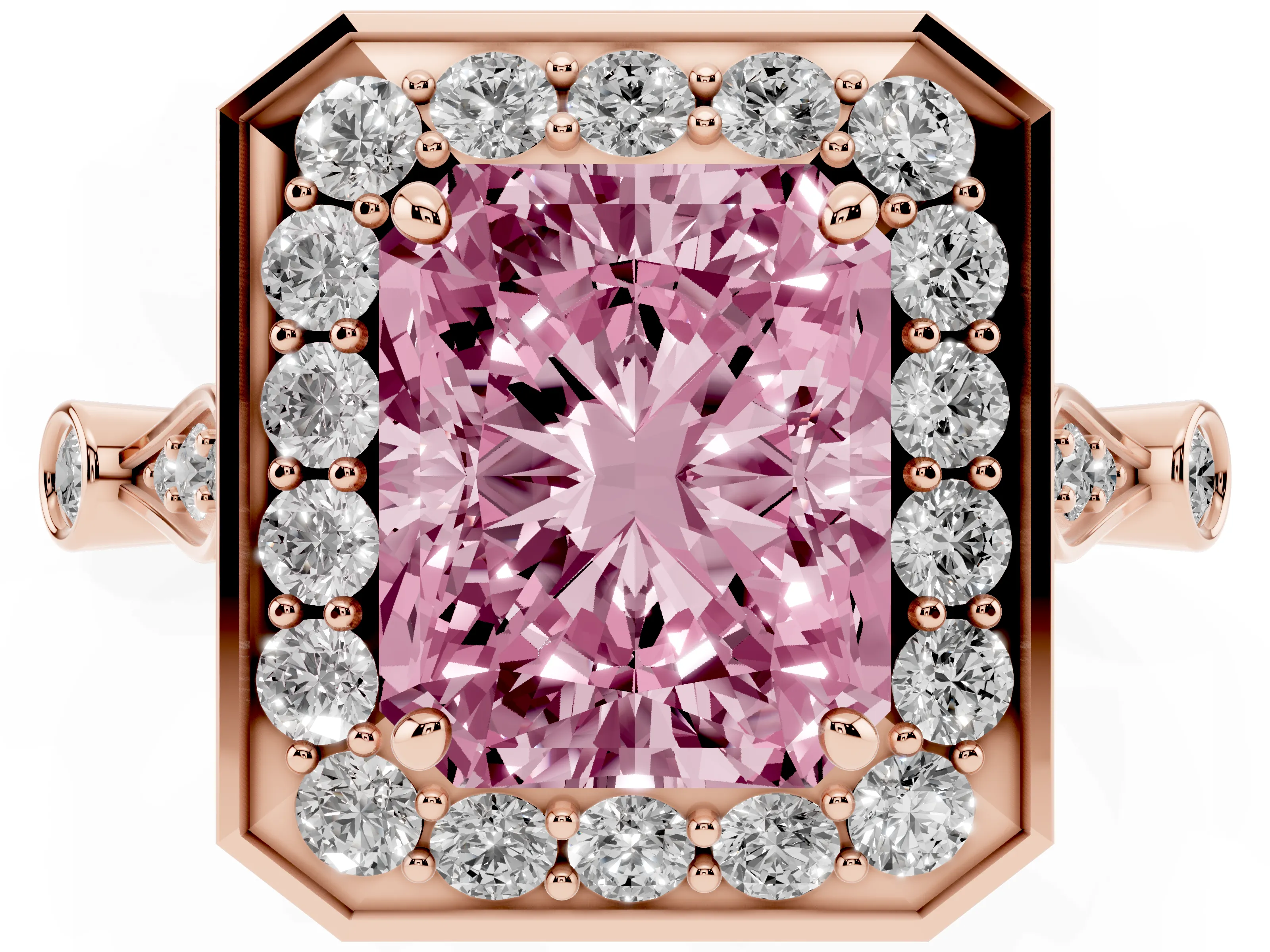 Fancy Pink Radiant Cut Diamond Halo Engagement Ring Set in Rose gold with Twisted Band and Prong Setting