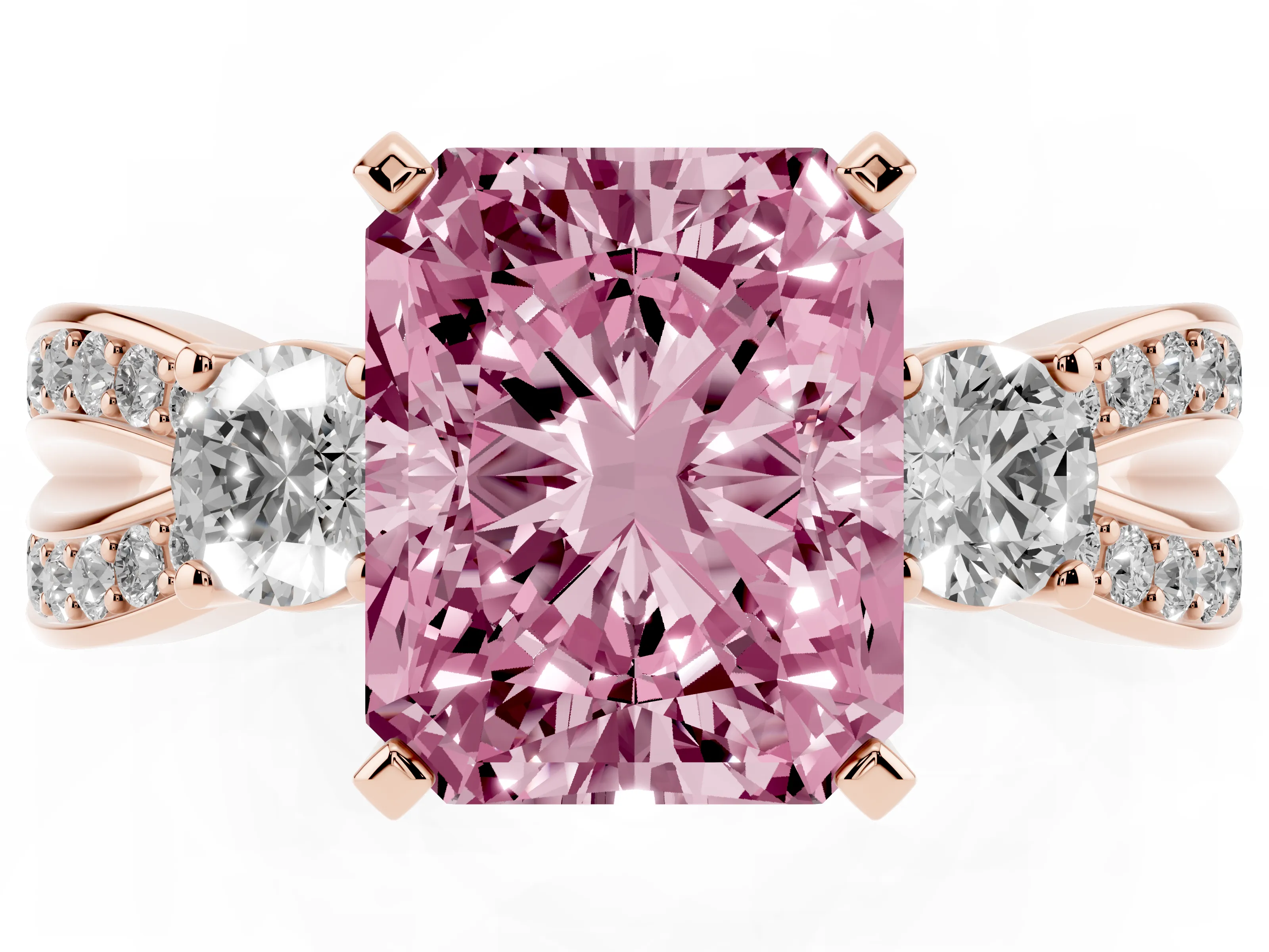 Fancy Pink Three-Stone Radiant Cut Diamond Twist Band Ring Set in Rose gold with Pavé Accents and Prong Setting