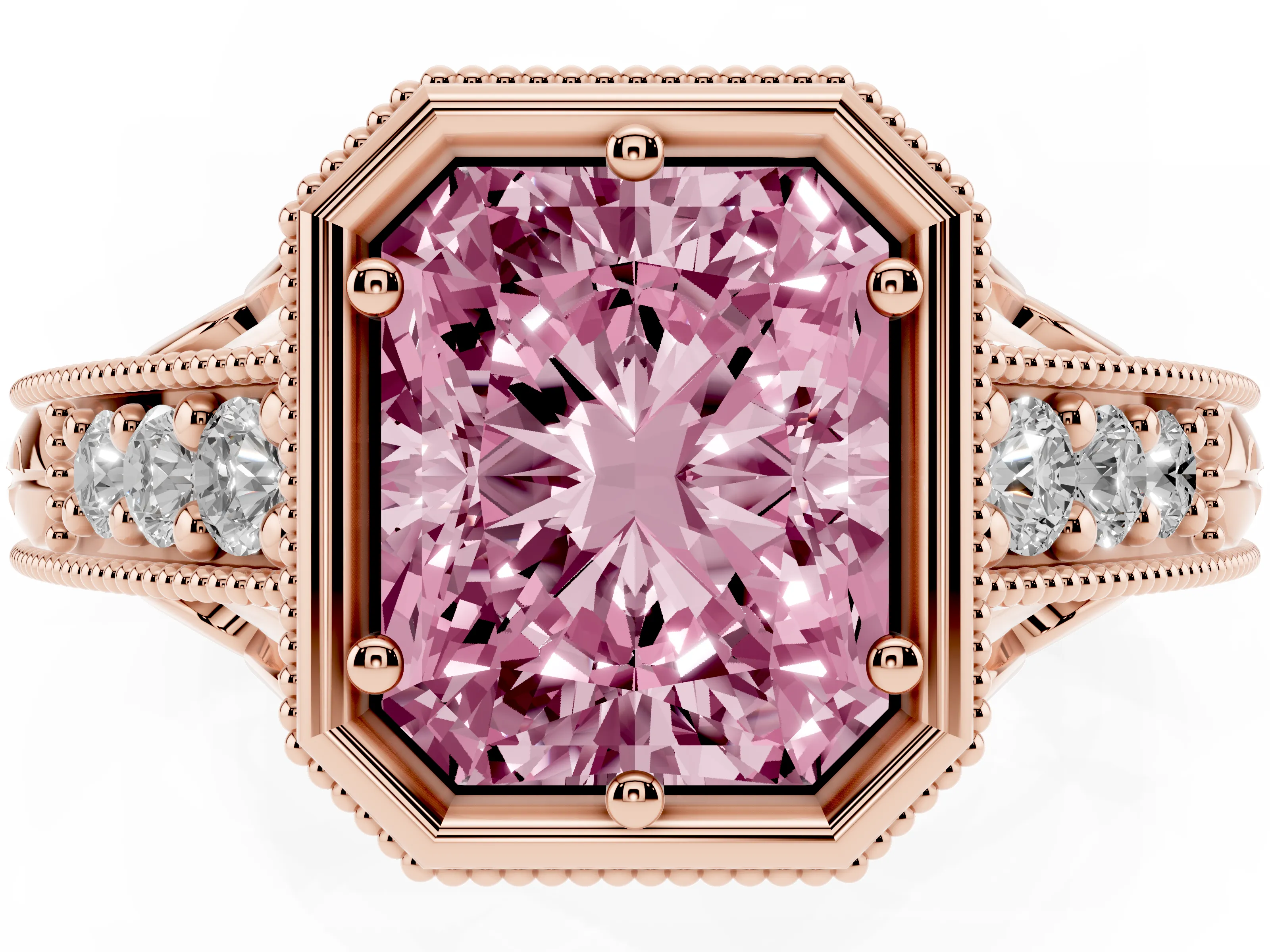 Fancy Pink Bezel Set Radiant Cut Diamond Milgrain Pavé Engagement Ring Set in Rose gold