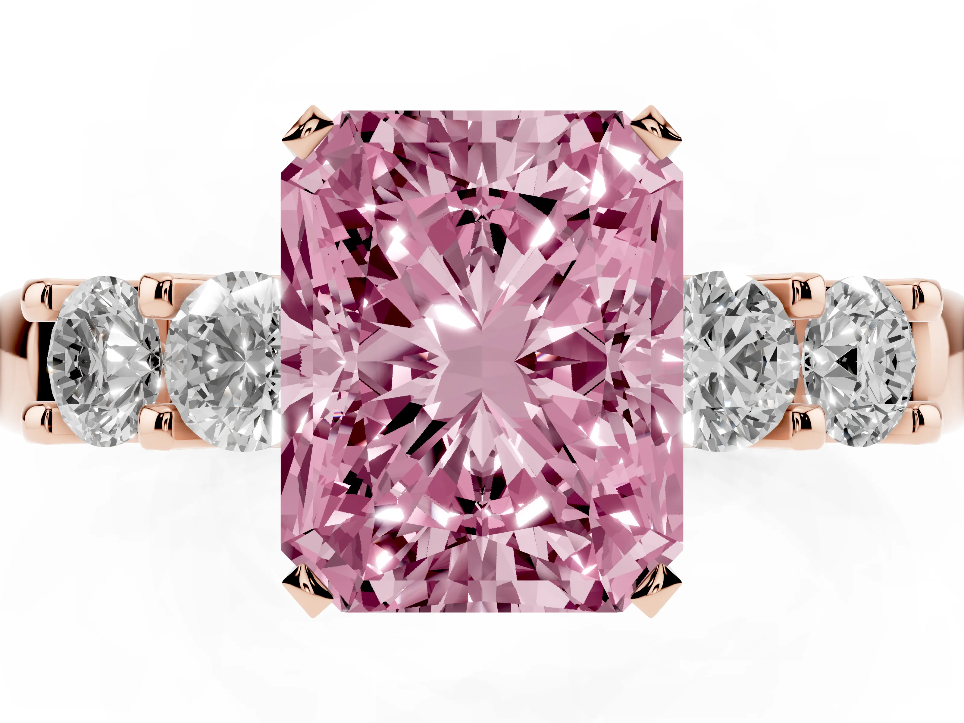 Fancy Pink Radiant Cut Diamond Five-Stone Prong Set Engagement Ring Set in Rose gold with Channel Band