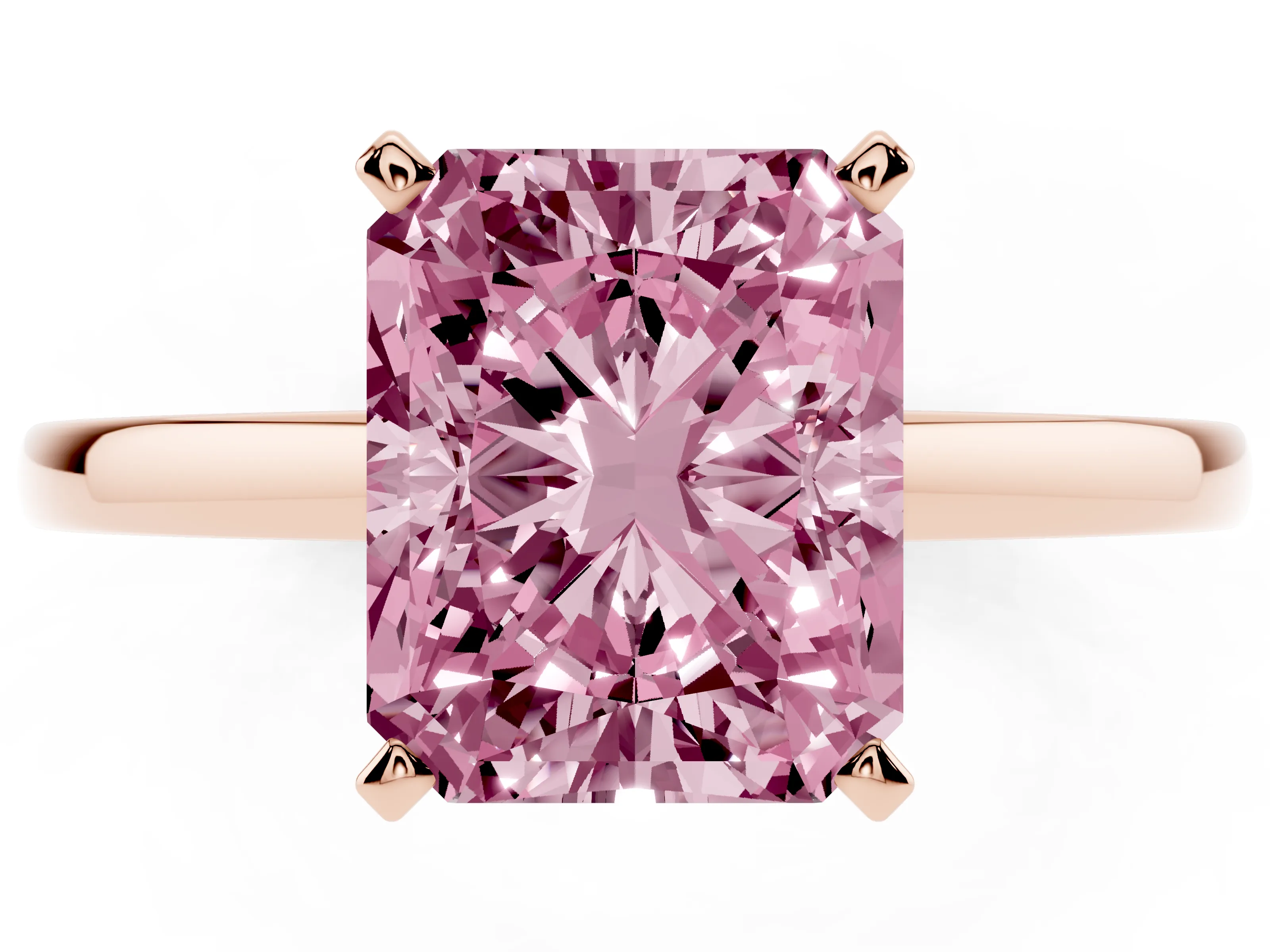 Fancy Pink Radiant Cut Diamond Solitaire Engagement Ring Set in Rose gold with Prong Setting on a Classic Band