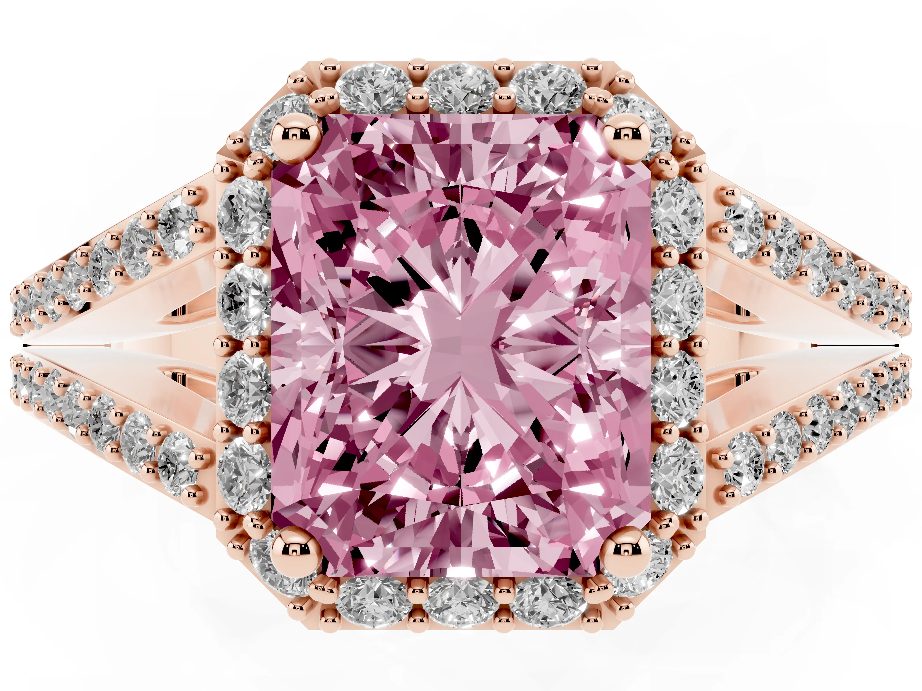 Fancy Pink Radiant Cut Diamond Halo Split Shank Pavé Ring Set in Rose gold with Prong Setting