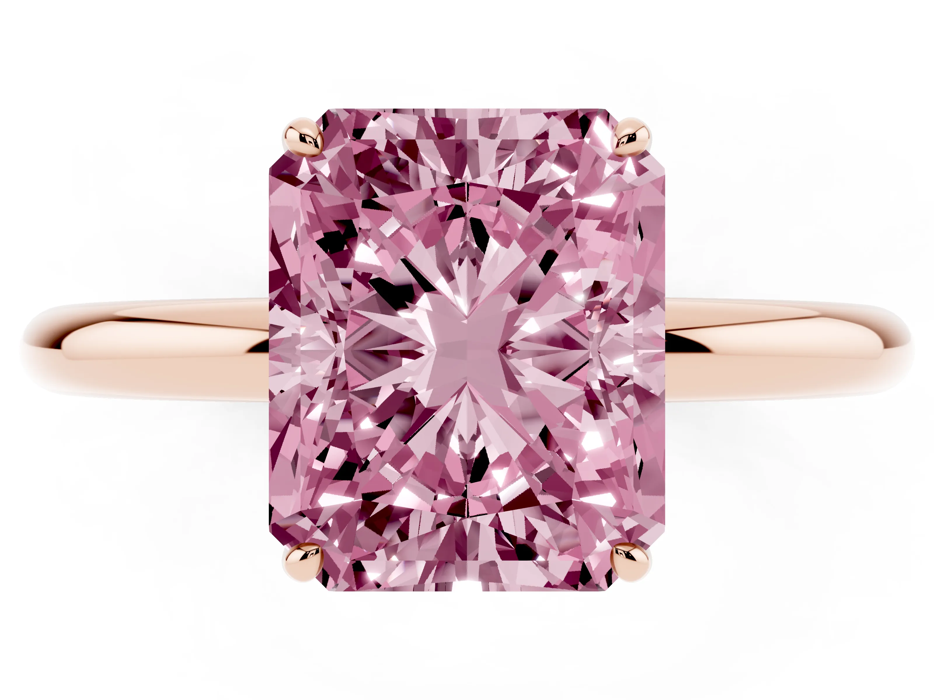 Fancy Pink Radiant Cut Diamond Solitaire Ring Set in Rose gold with Prong Setting on a Polished Plain Band