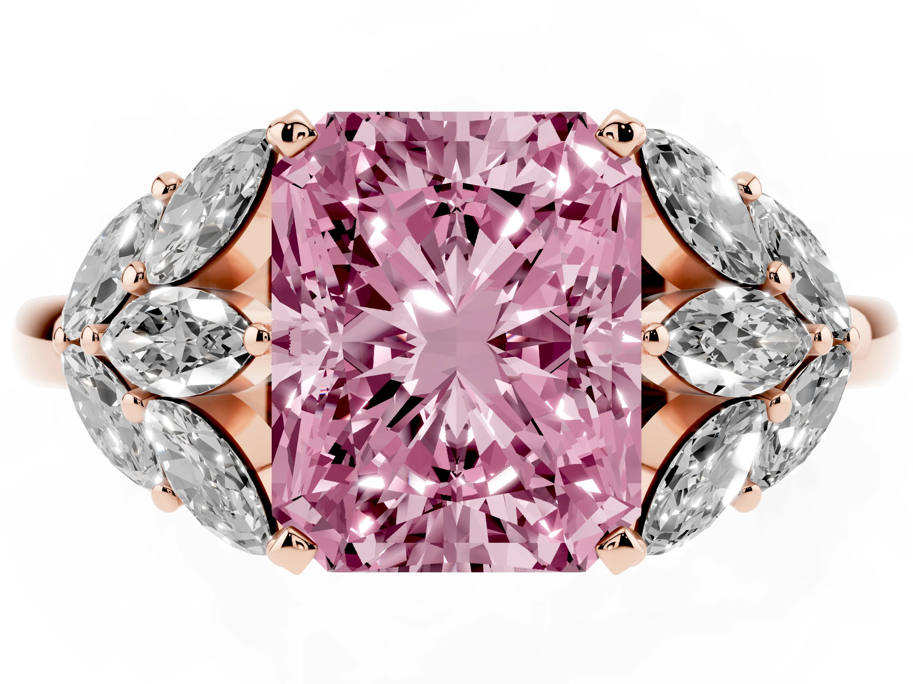 Fancy Pink Radiant Cut Diamond Cluster Leaf Design Ring Set in Rose gold with Prong Setting