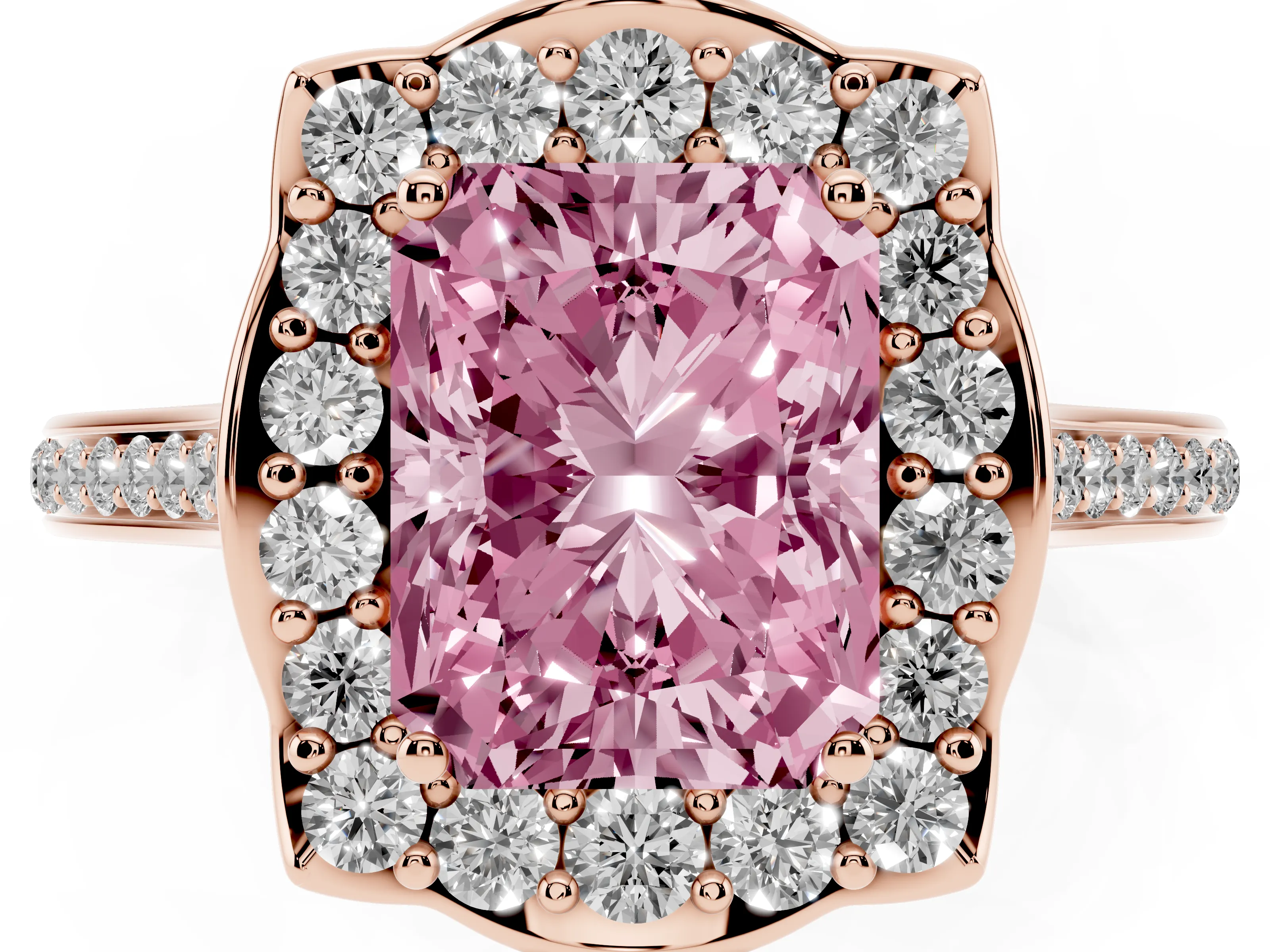 Fancy Pink Radiant Cut Diamond Halo Ring Set in Rose gold with Pavé-Lined Shoulders and Prong Setting