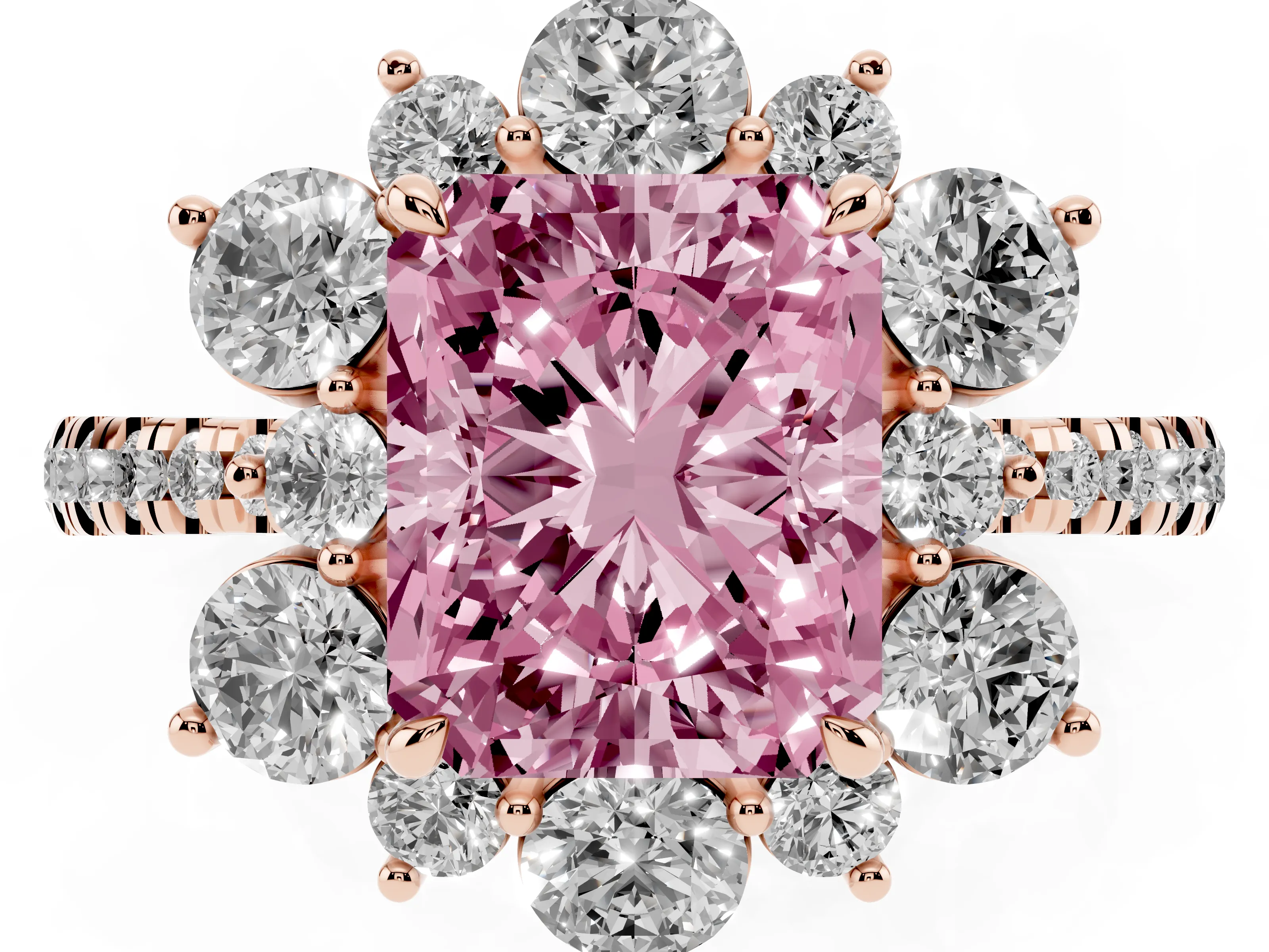 Fancy Pink Radiant Cut Diamond Floral Halo Ring Set in Rose gold with Round Pavé Band and Prong Setting
