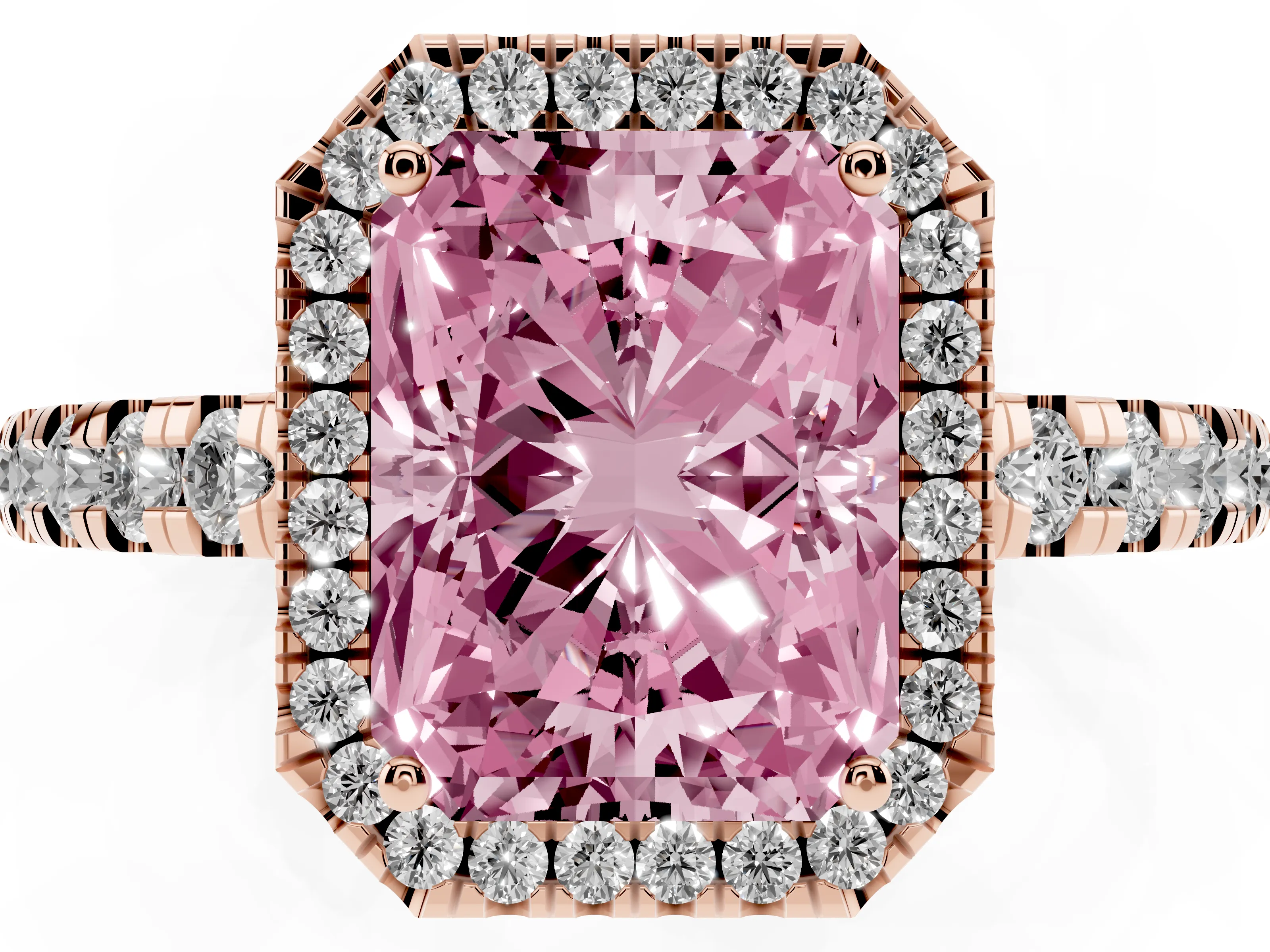 Fancy Pink Radiant Cut Diamond Halo Ring Set in Rose gold with Delicate Pavé Band and Prong Setting