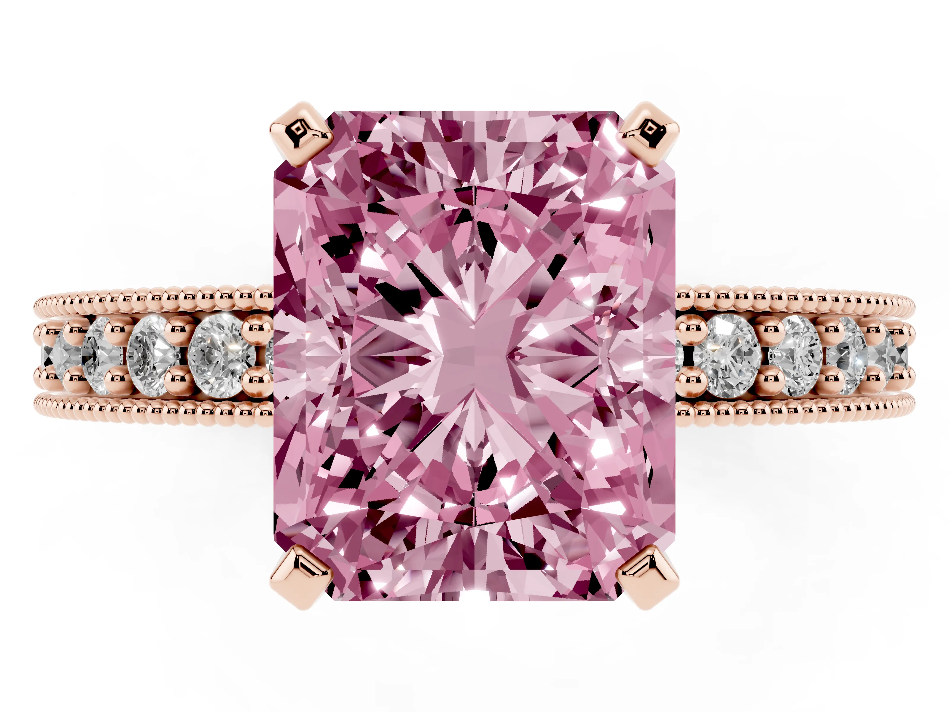 Fancy Pink Radiant Cut Diamond Milgrain Pavé Engagement Ring Set in Rose gold with Prong Setting