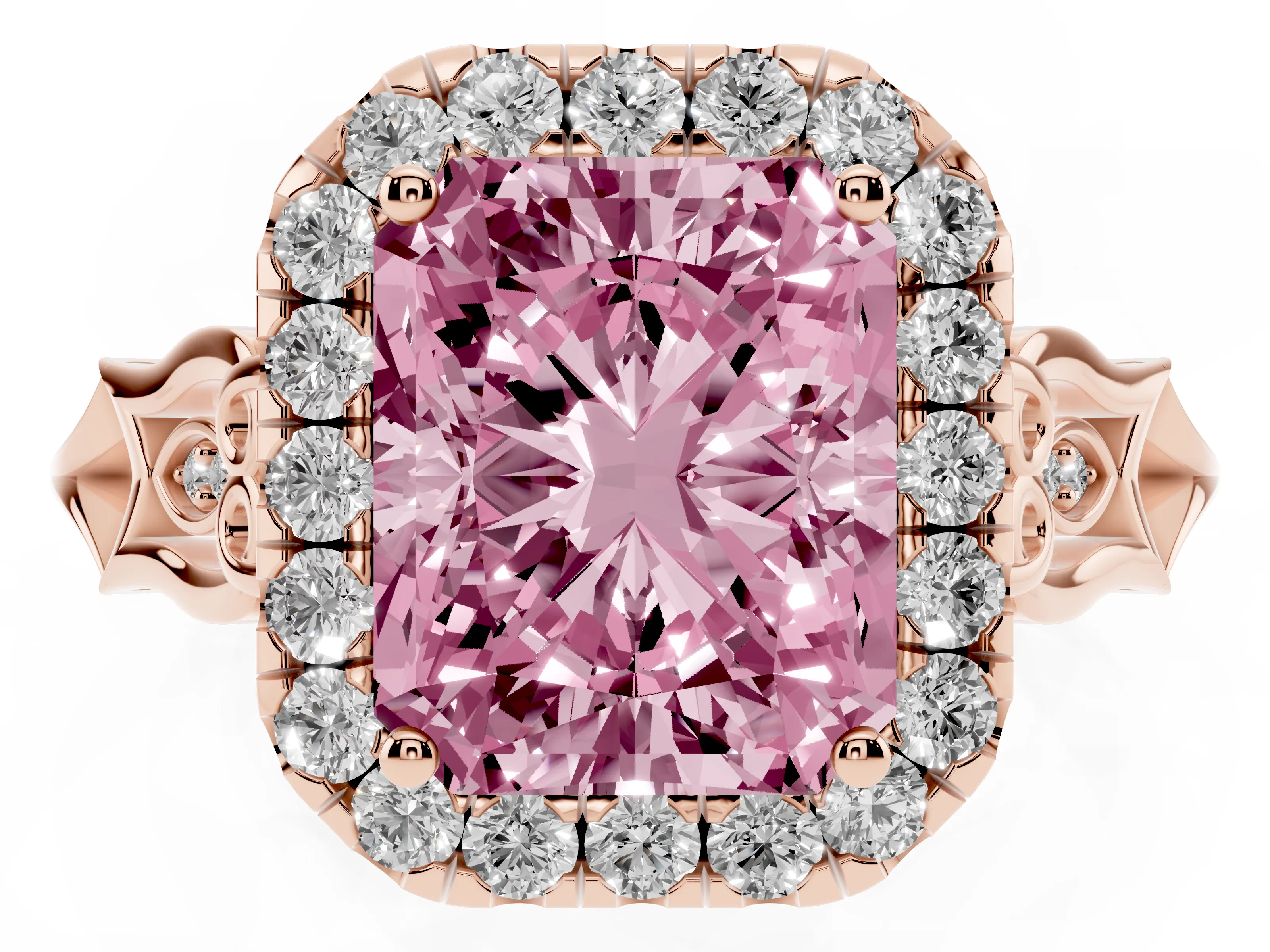 Fancy Pink Radiant Cut Diamond Halo Engagement Ring Set in Rose gold with Filigree Band and Prong-Set Center