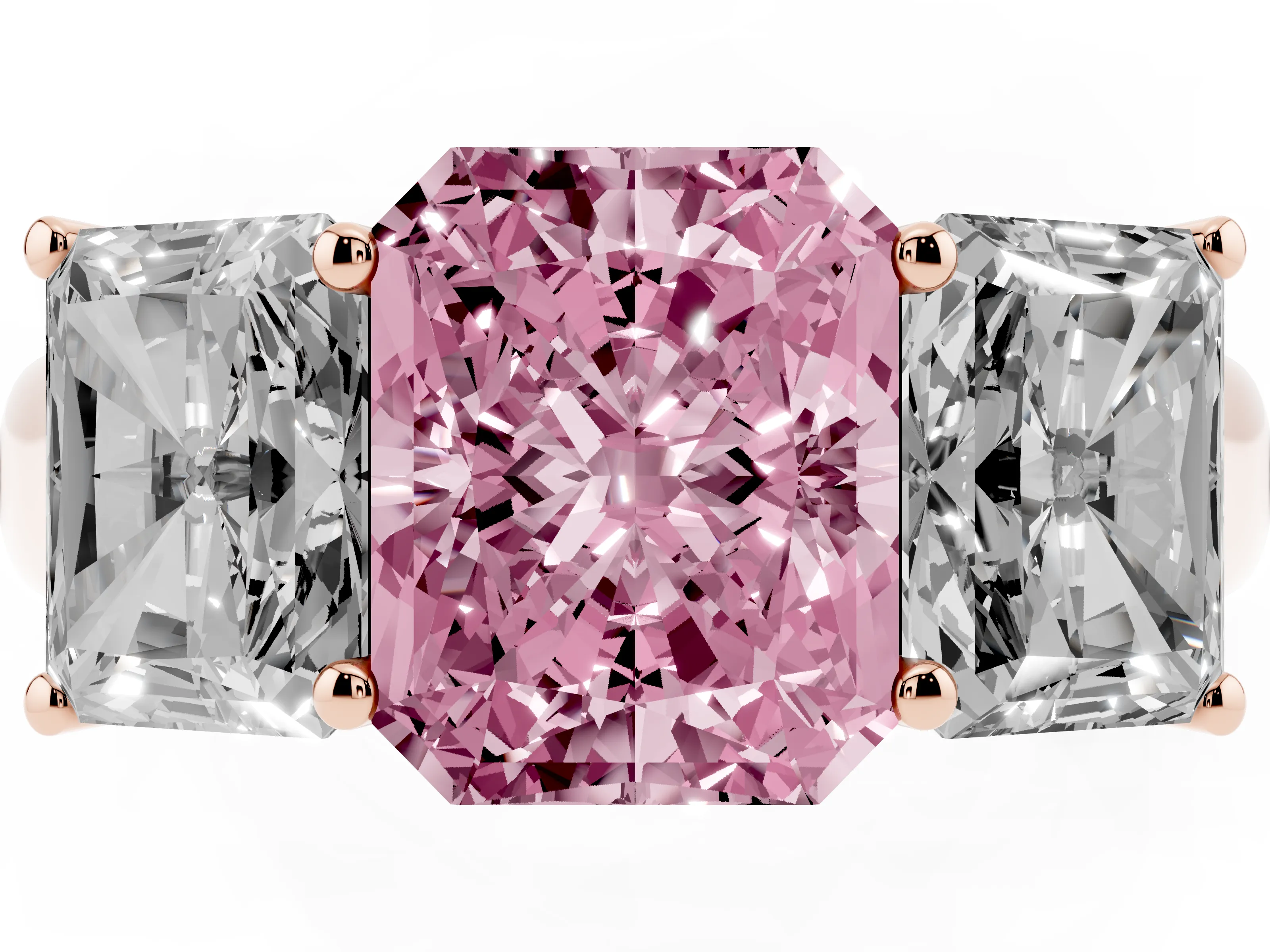 Fancy Pink Radiant Cut Diamond Three-Stone Ring Set in Rose gold with Plain Polished Band
