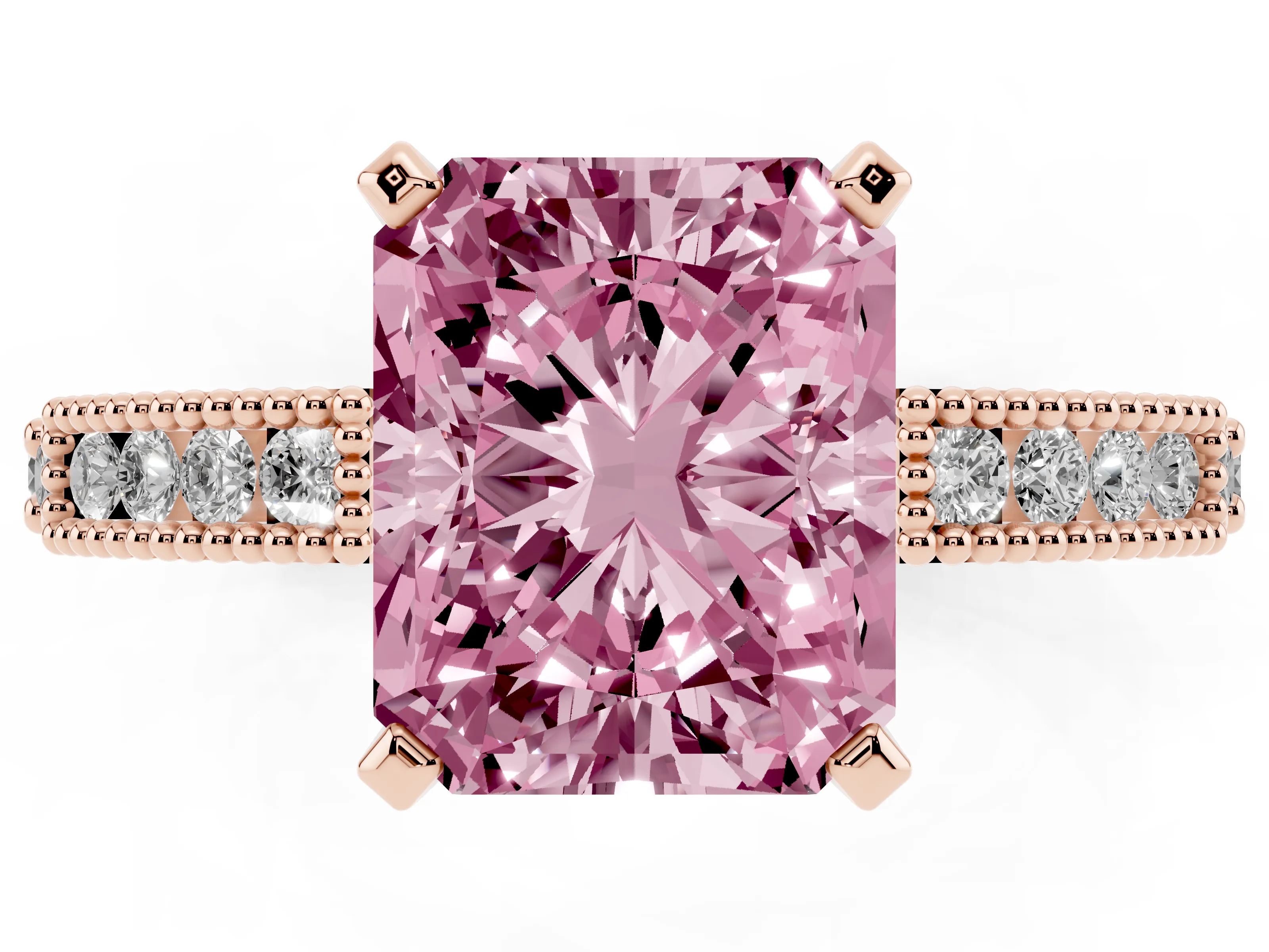 Fancy Pink Radiant Cut Diamond Solitaire Ring Set in Rose gold with Slim Pavé Band and Prong Setting