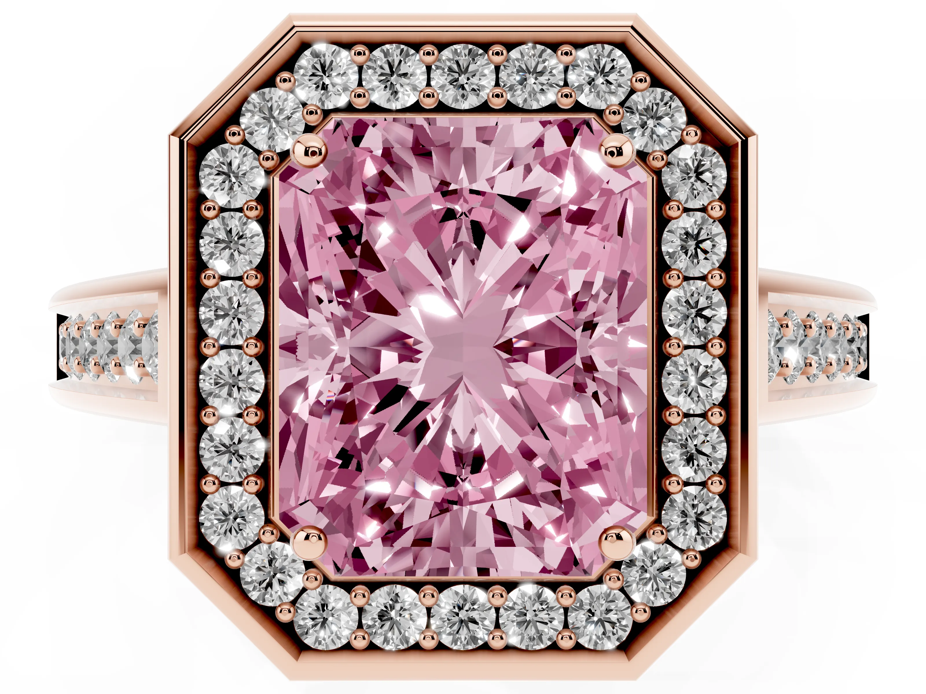 Fancy Pink Radiant Cut Diamond Halo Solitaire Ring Set in Rose gold with Pavé Band and Bezel Setting