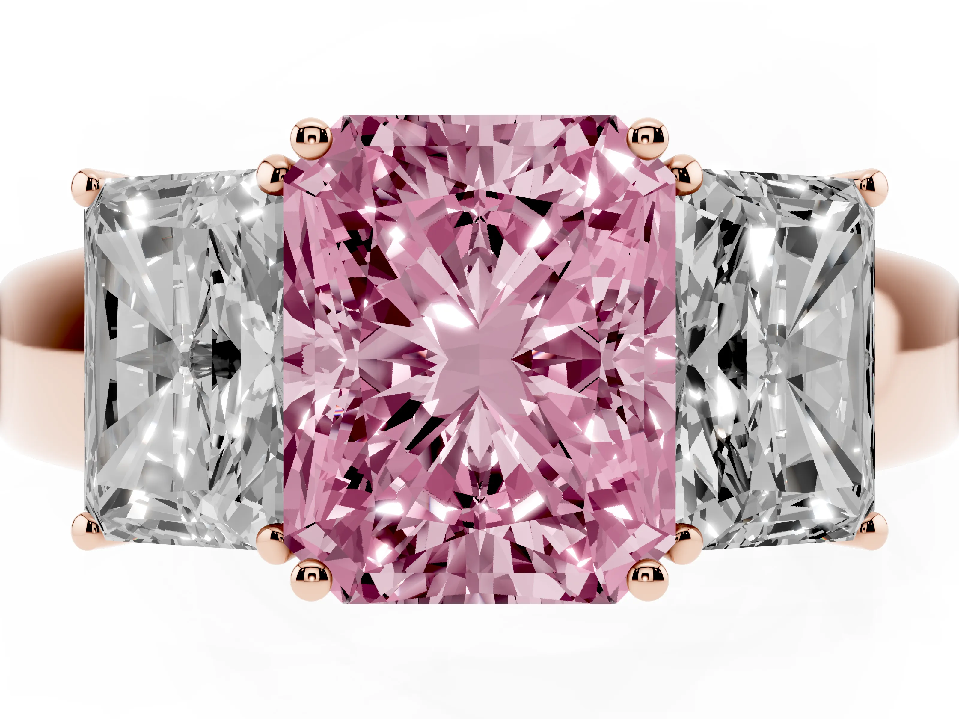 Fancy Pink Three-Stone Radiant Cut Diamond Ring Set in Rose gold with Matching Prong Settings and Plain Band