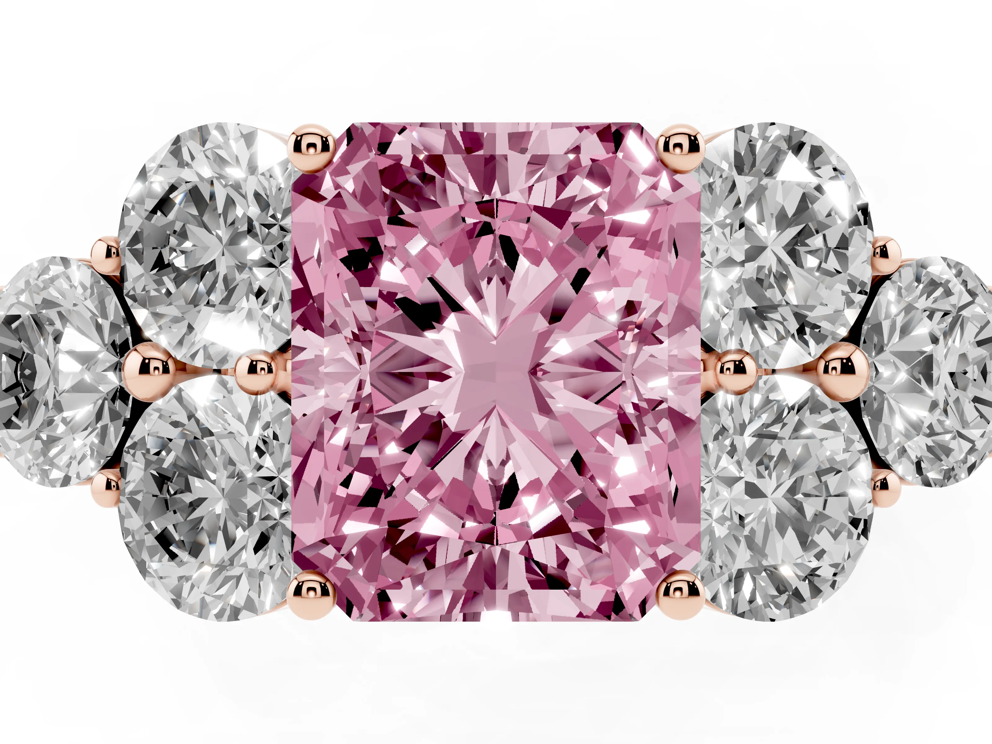 Fancy Pink Radiant Cut Diamond Cluster Ring Set in Rose gold with Round Accent Stones and Prong Setting on a Plain Band