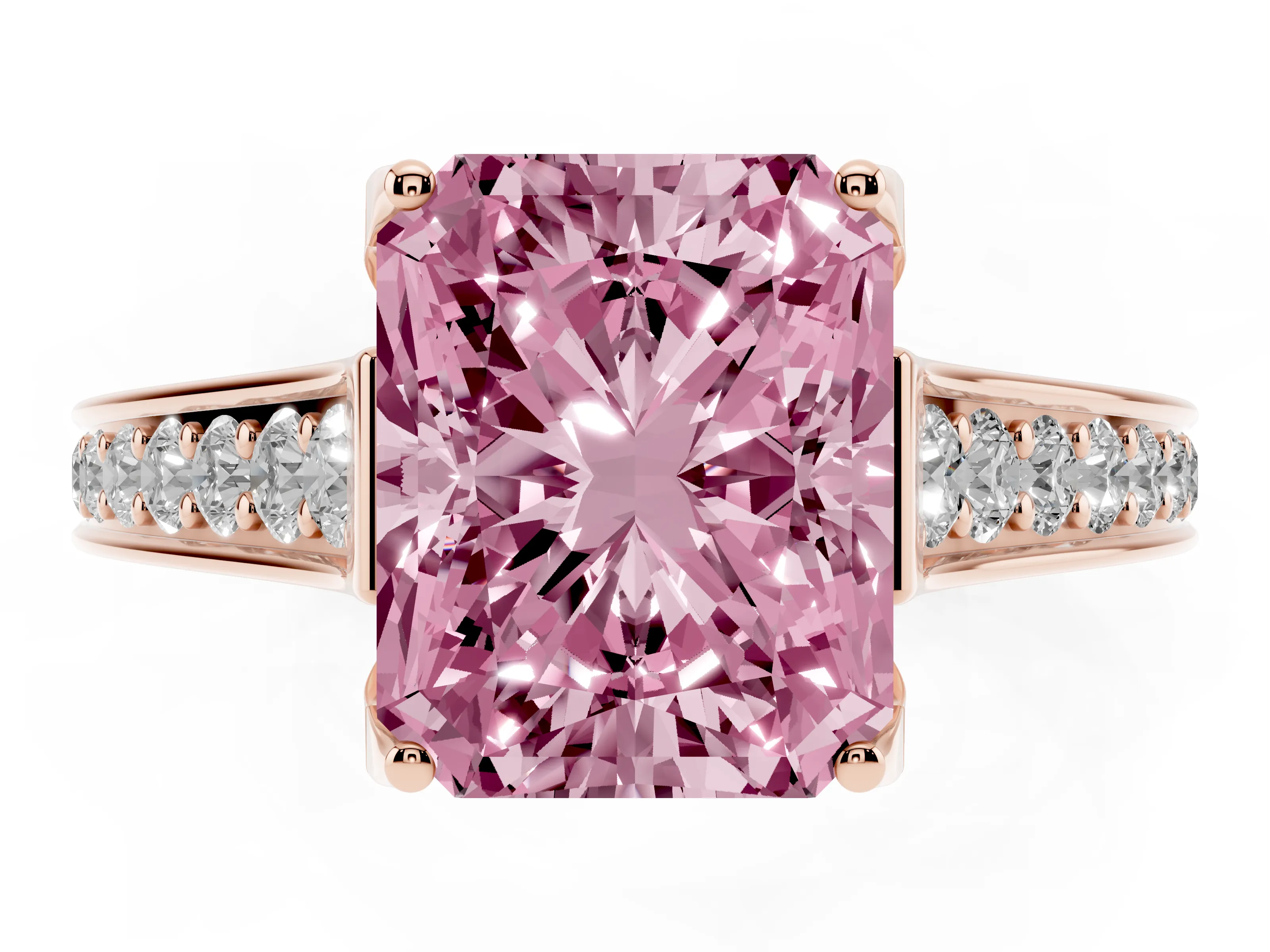 Fancy Pink Radiant Cut Diamond Solitaire Pavé Engagement Ring Set in Rose gold with Prong Setting