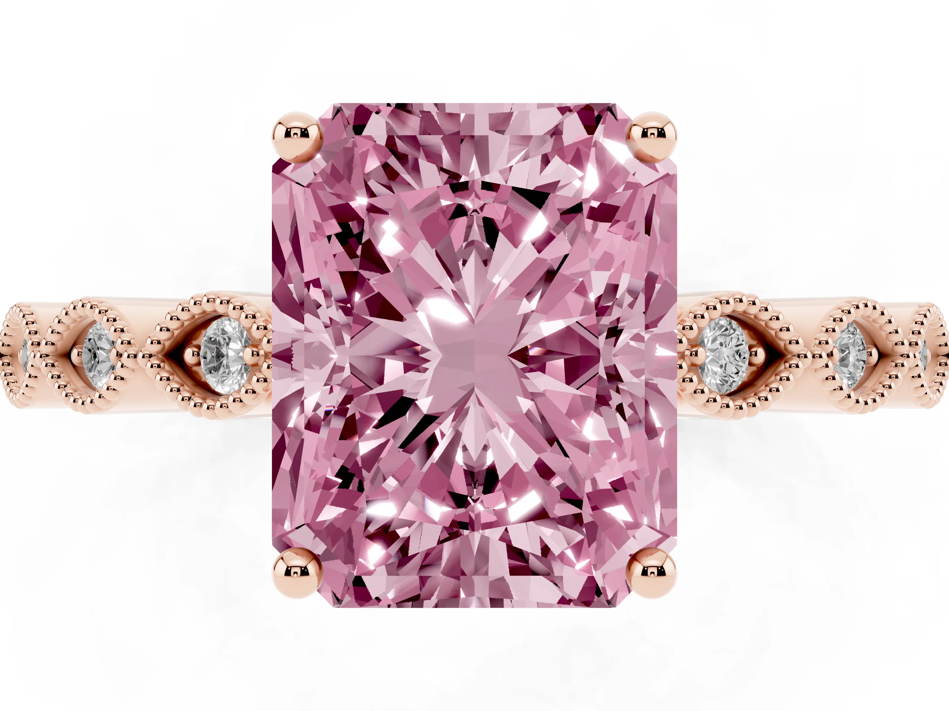 Fancy Pink Radiant Cut Diamond Solitaire Ring Set in Rose gold with Infinity Twist Pavé Band