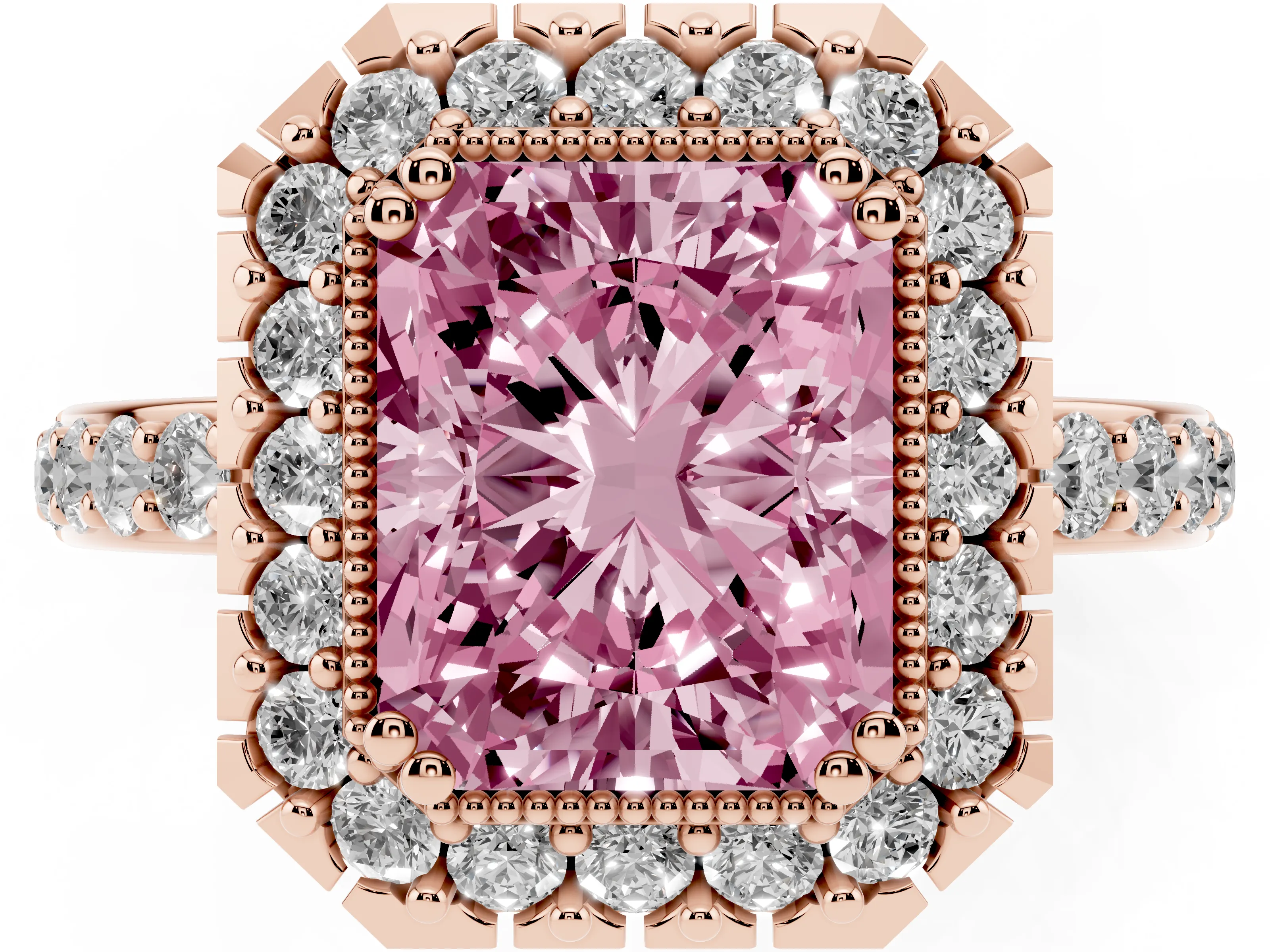 Fancy Pink Radiant Cut Diamond Halo Ring Set in Rose gold with Pavé Shank and Prong Setting