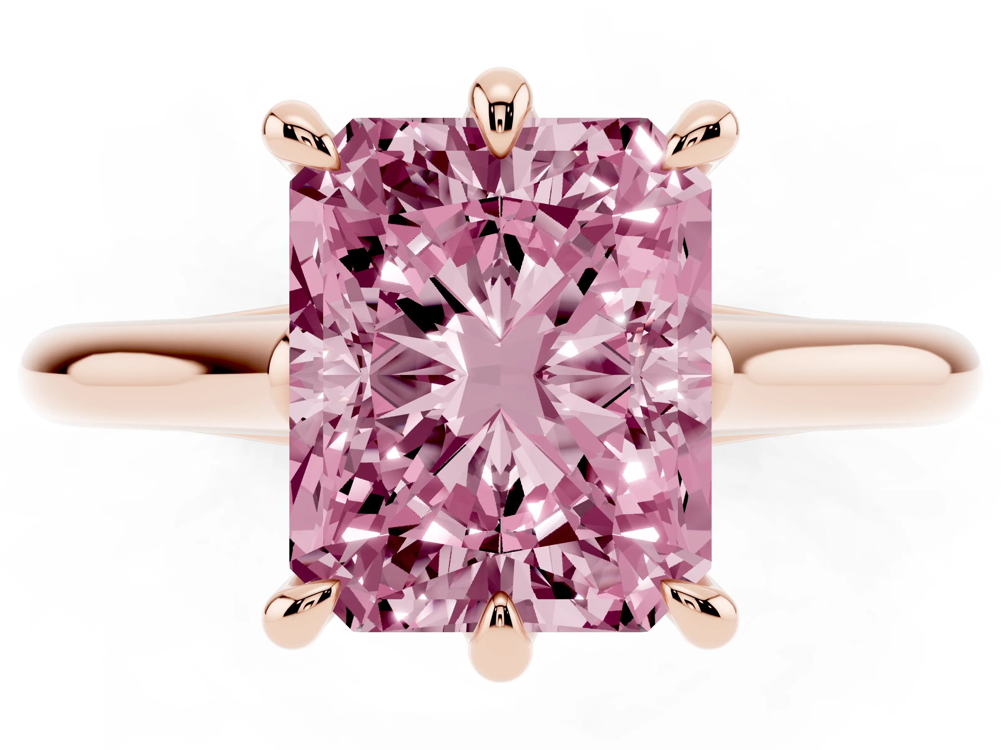 Fancy Pink Radiant Cut Diamond Solitaire Engagement Ring Set in Rose gold with Prong Setting and Plain Classic Band