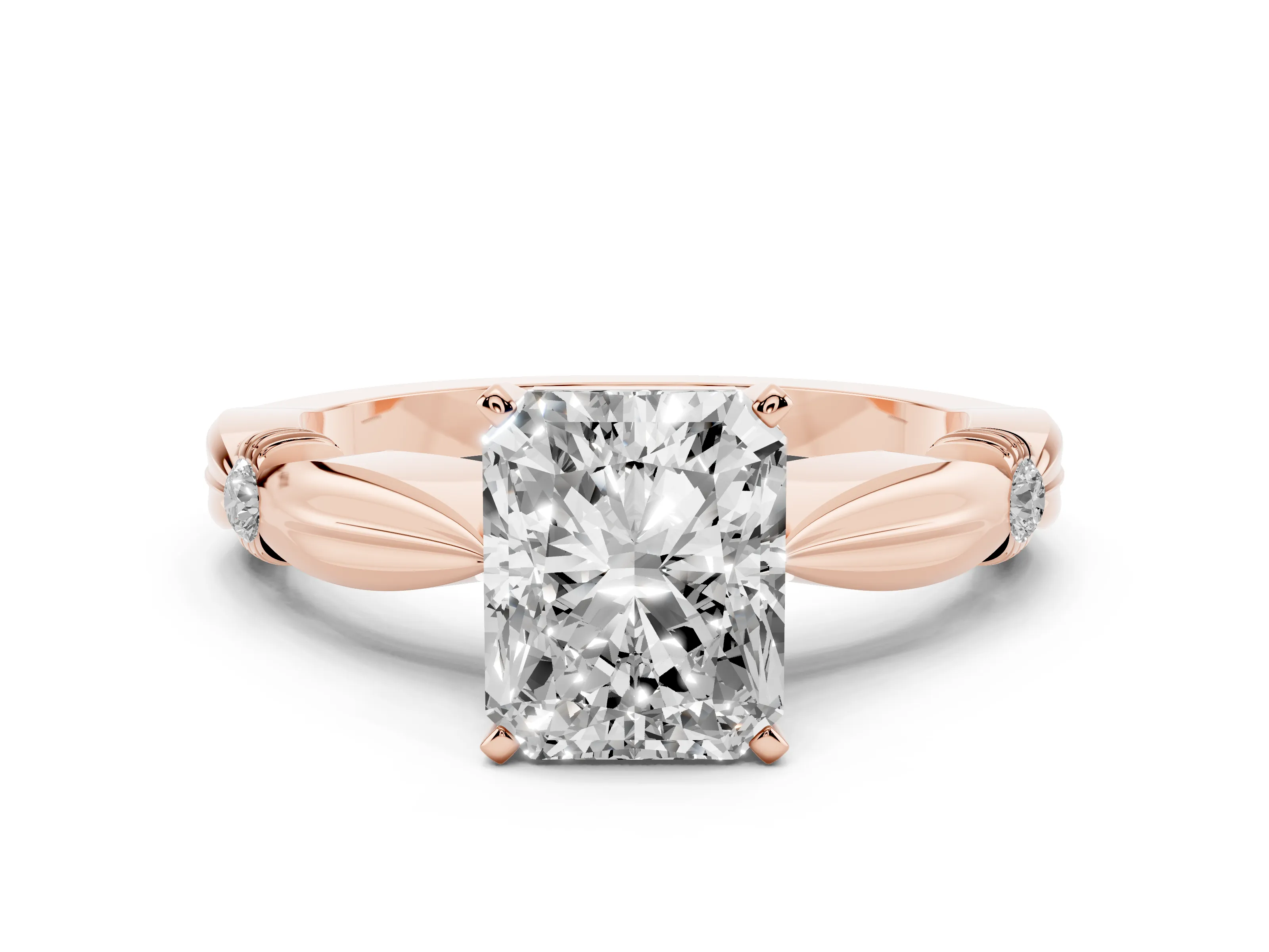 Radiant Cut Diamond Solitaire Twisted Band Ring Set in Rose gold with Accent Stones and Prong Setting