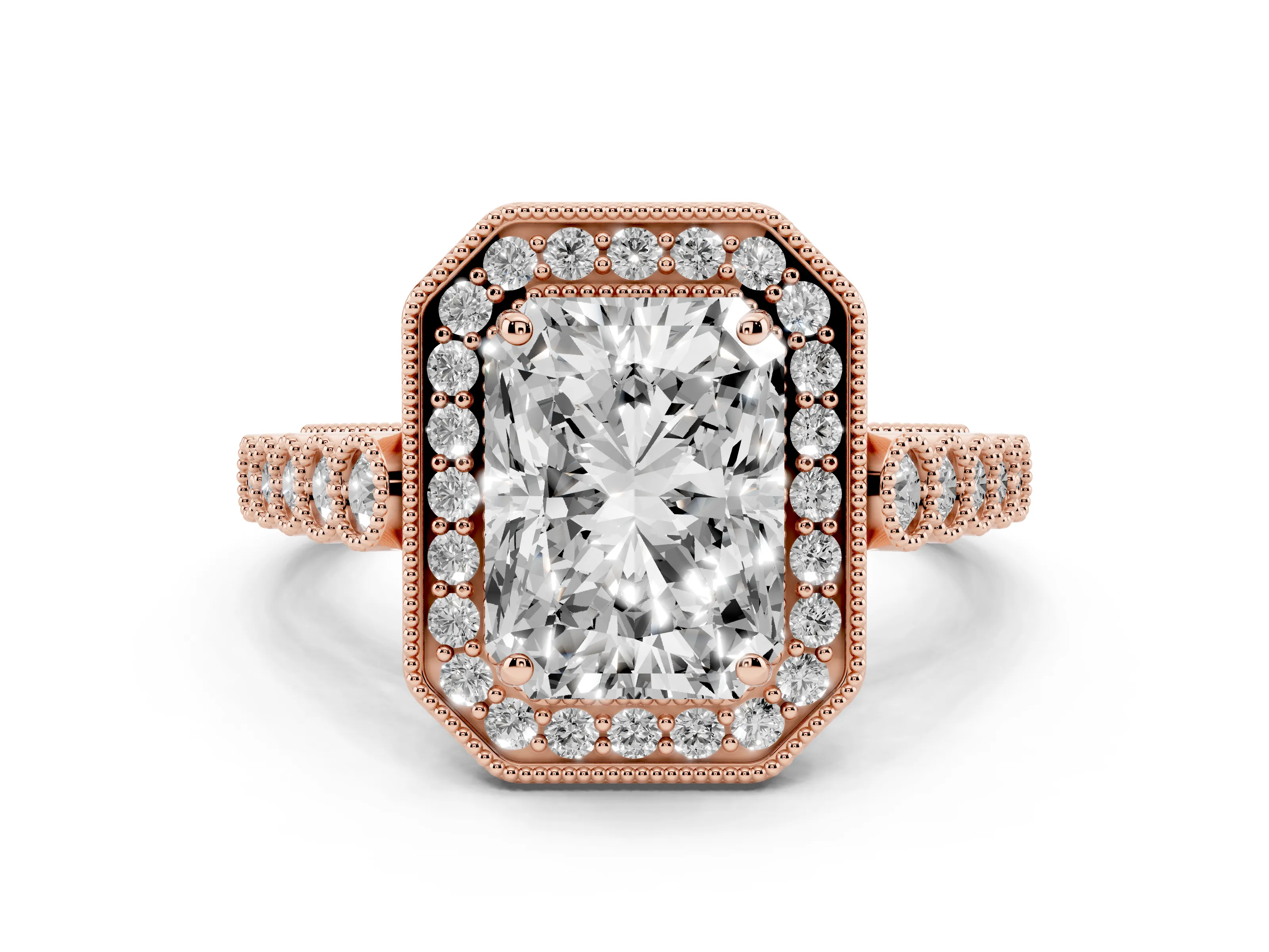 Radiant Cut Diamond Milgrain Halo Solitaire Ring Set in Rose gold with Bezel Set Side Stones and Pavé Band