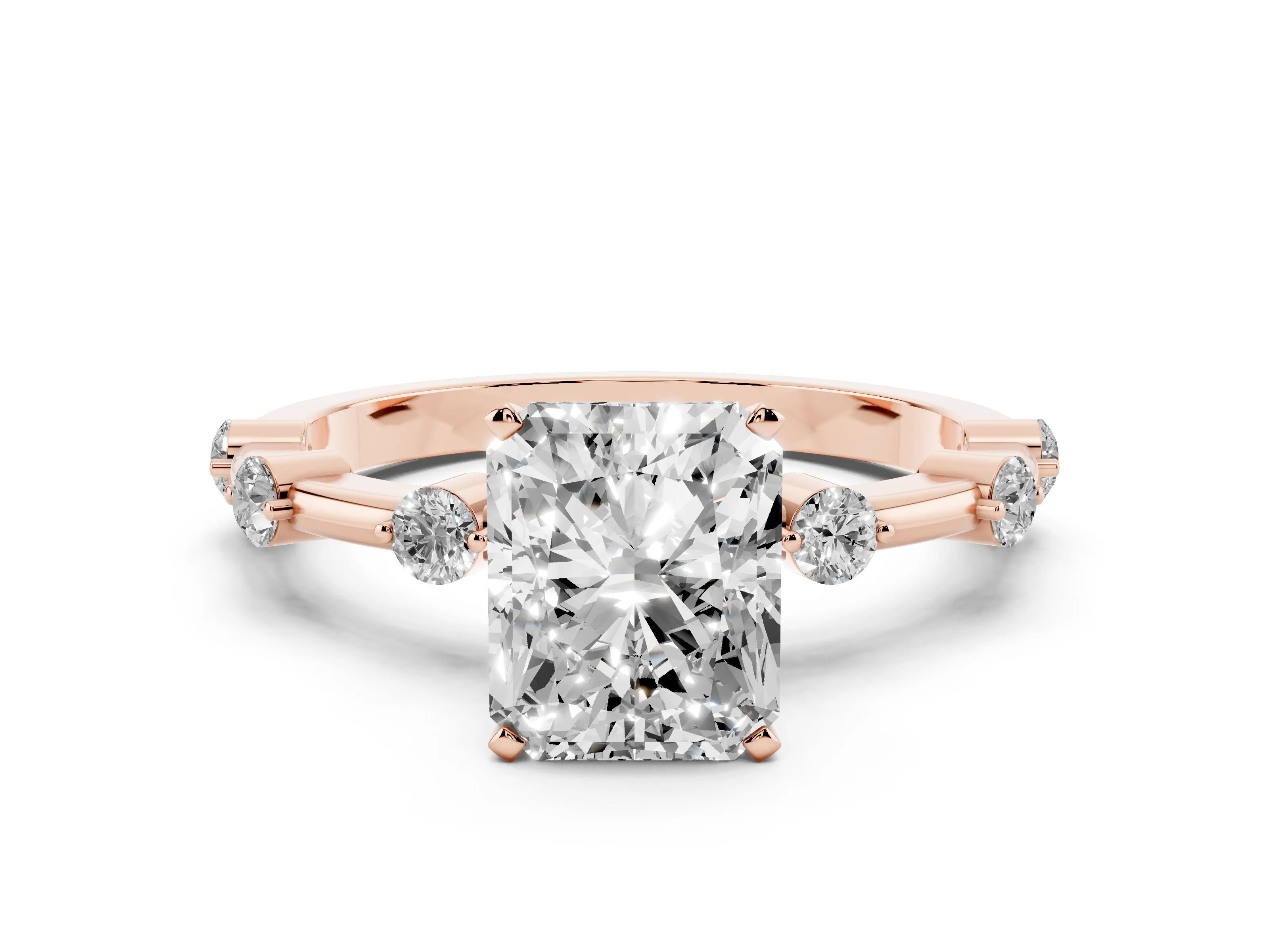 Radiant Cut Diamond Solitaire Ring Set in Rose gold with Bezel Set Side Stones and Prong Setting