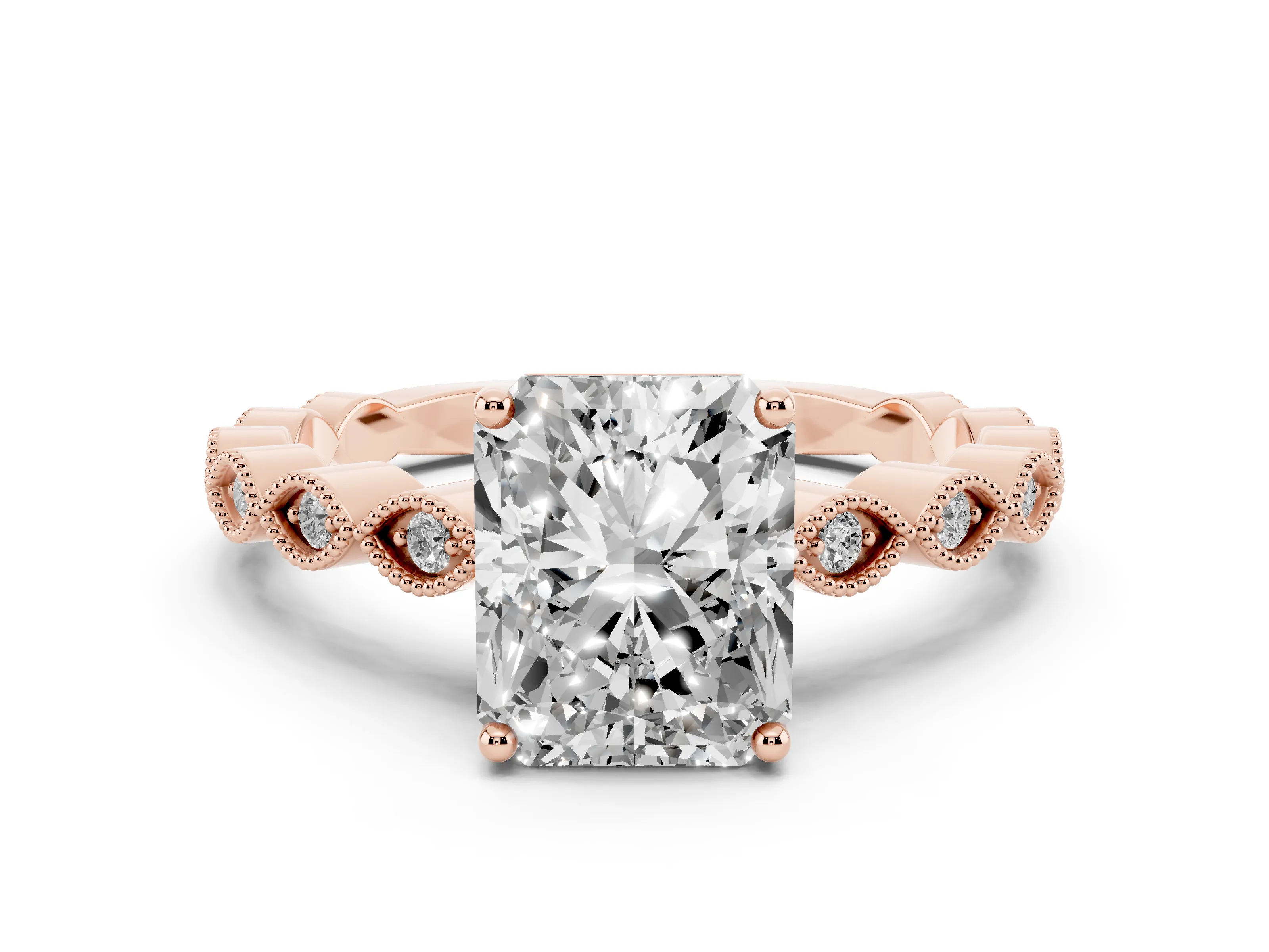 Radiant Cut Diamond Solitaire Ring Set in Rose gold with Infinity Twist Pavé Band